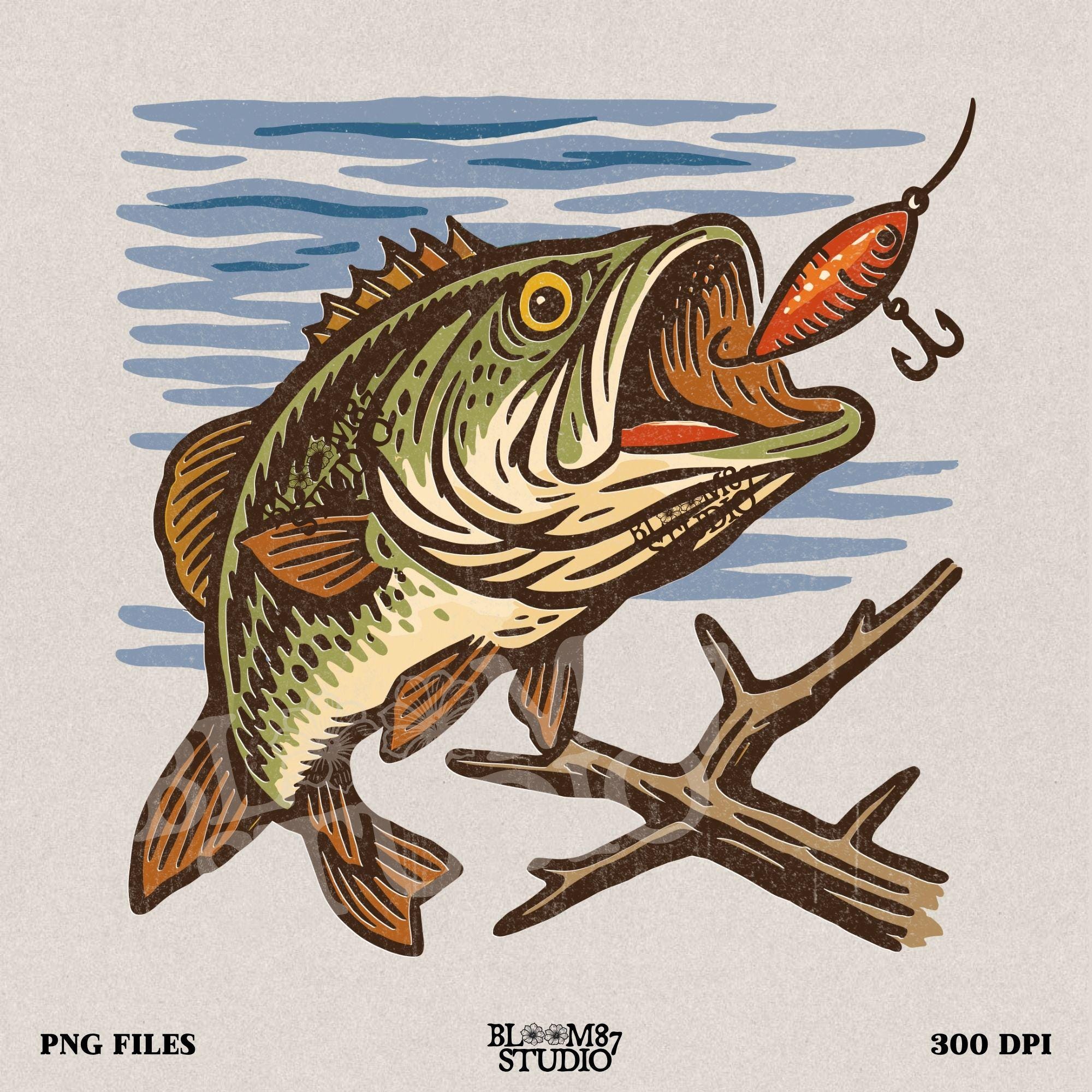 Vintage largemouth bass catching red lure underwater with rustic woodcut illustration style.