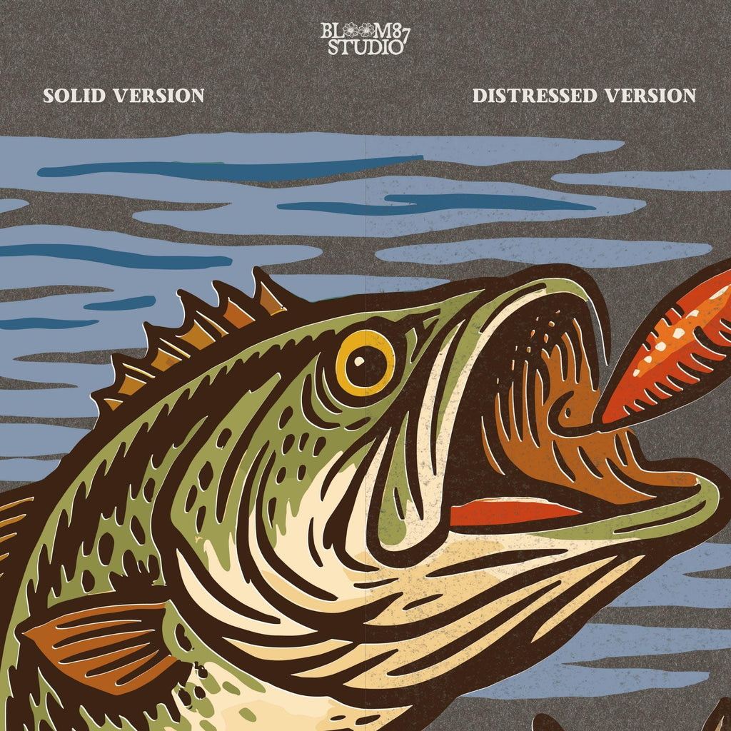 Vintage largemouth bass catching red lure underwater with rustic woodcut illustration style.