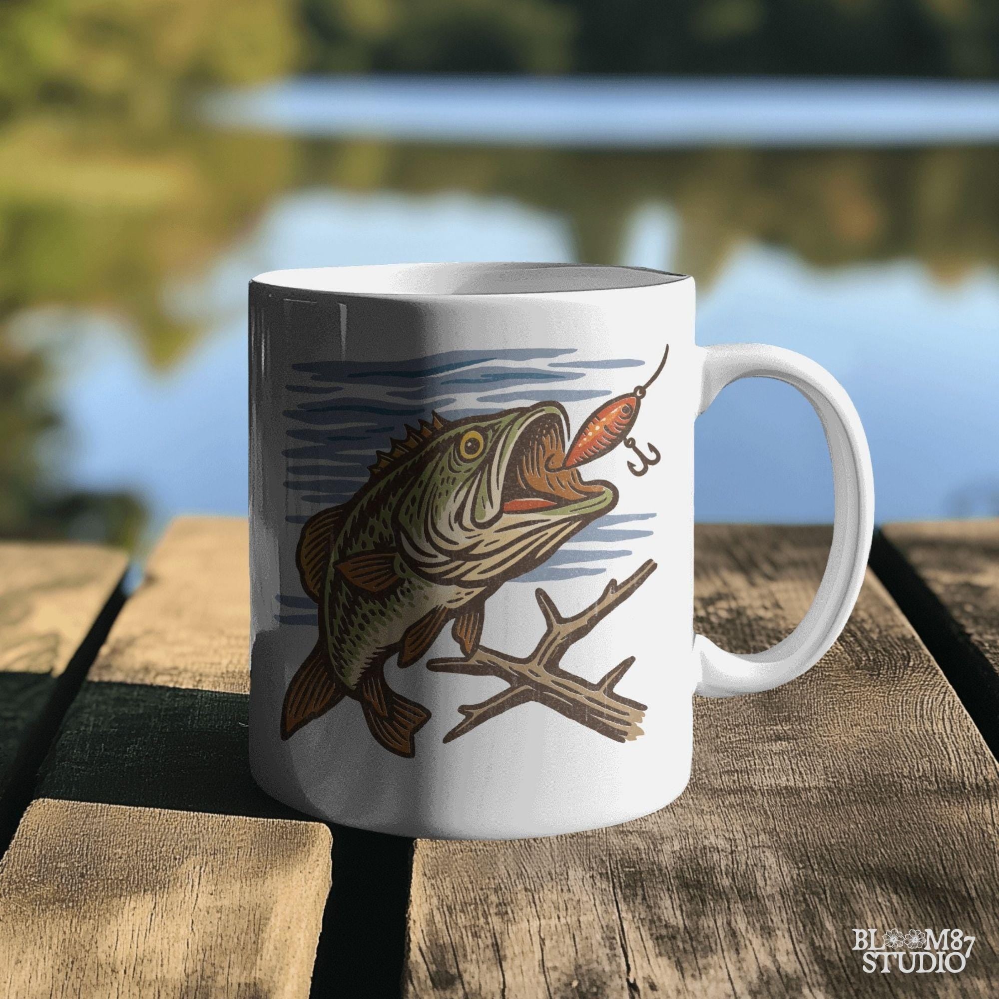 Vintage largemouth bass catching red lure underwater with rustic woodcut illustration style.