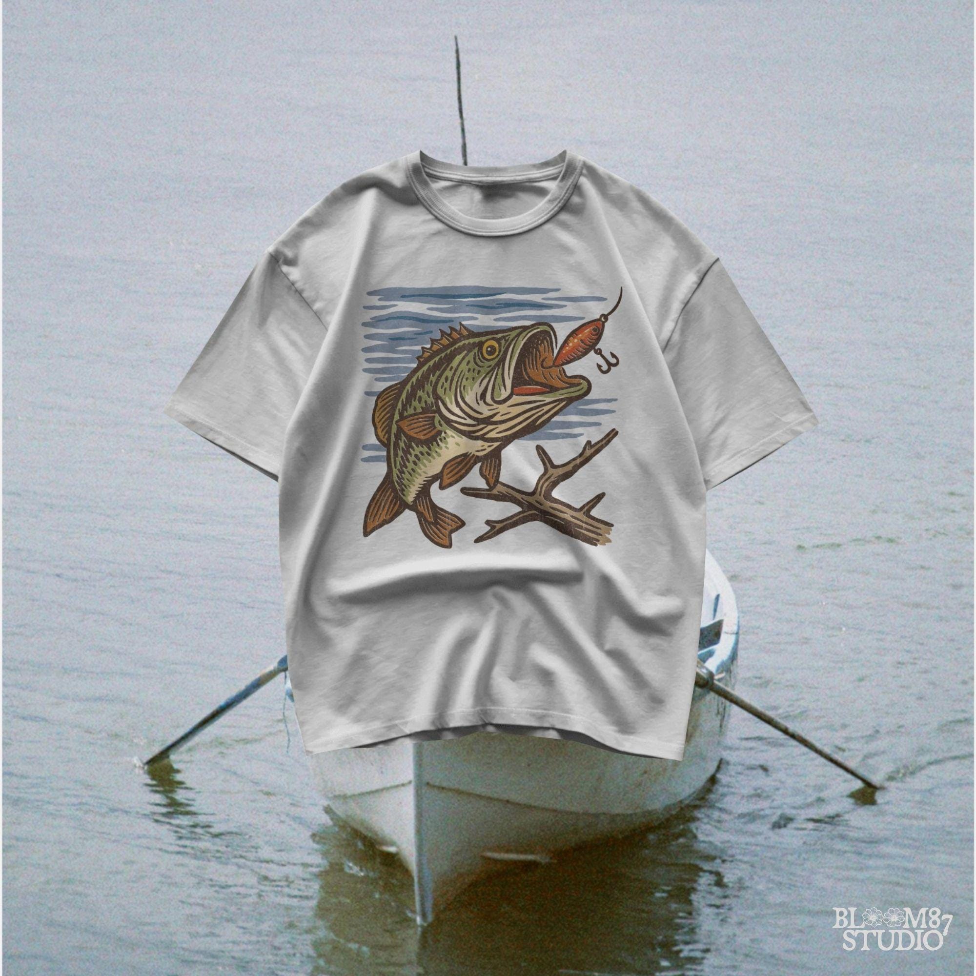 Vintage largemouth bass catching red lure underwater with rustic woodcut illustration style.