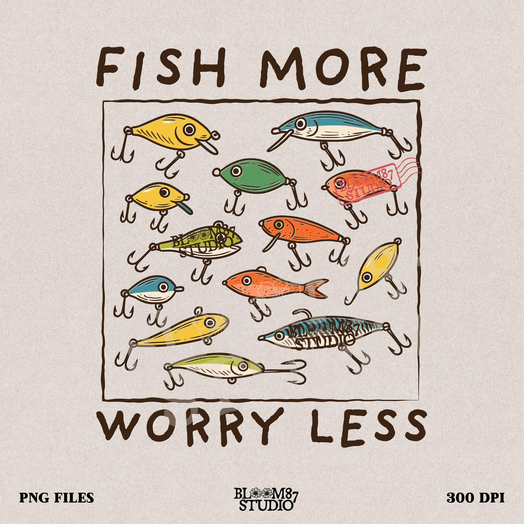 Hand-drawn vintage fishing lures with “Fish More Worry Less” quote in rustic outdoor style, colorful PNG for sublimation.