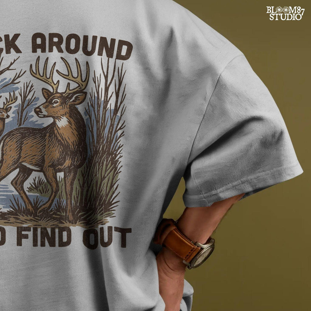 Retro-style deer hunting PNG design with bucks in the woods and text “Buck Around and Find Out”, perfect for funny hunter gifts.