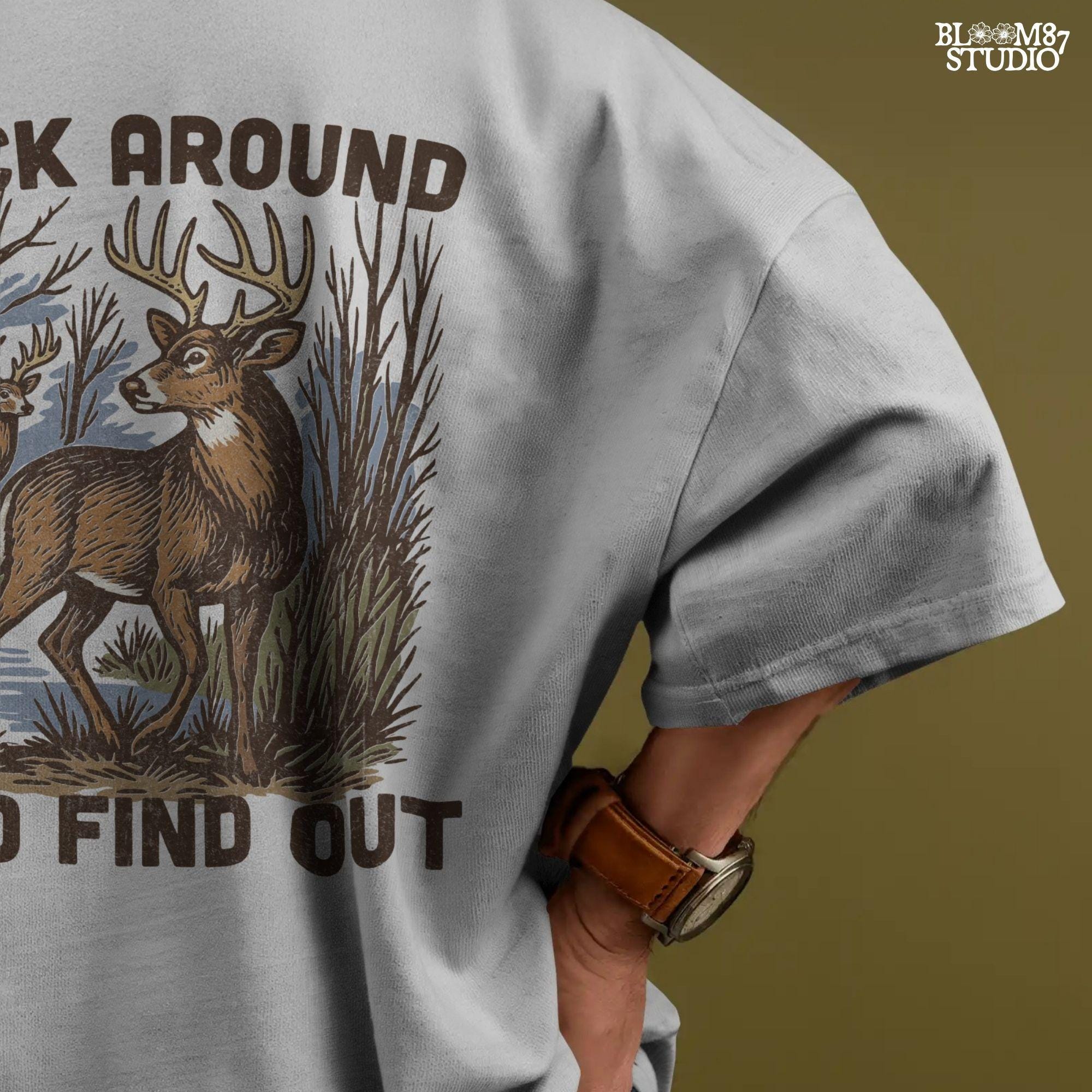 Retro-style deer hunting PNG design with bucks in the woods and text “Buck Around and Find Out”, perfect for funny hunter gifts.