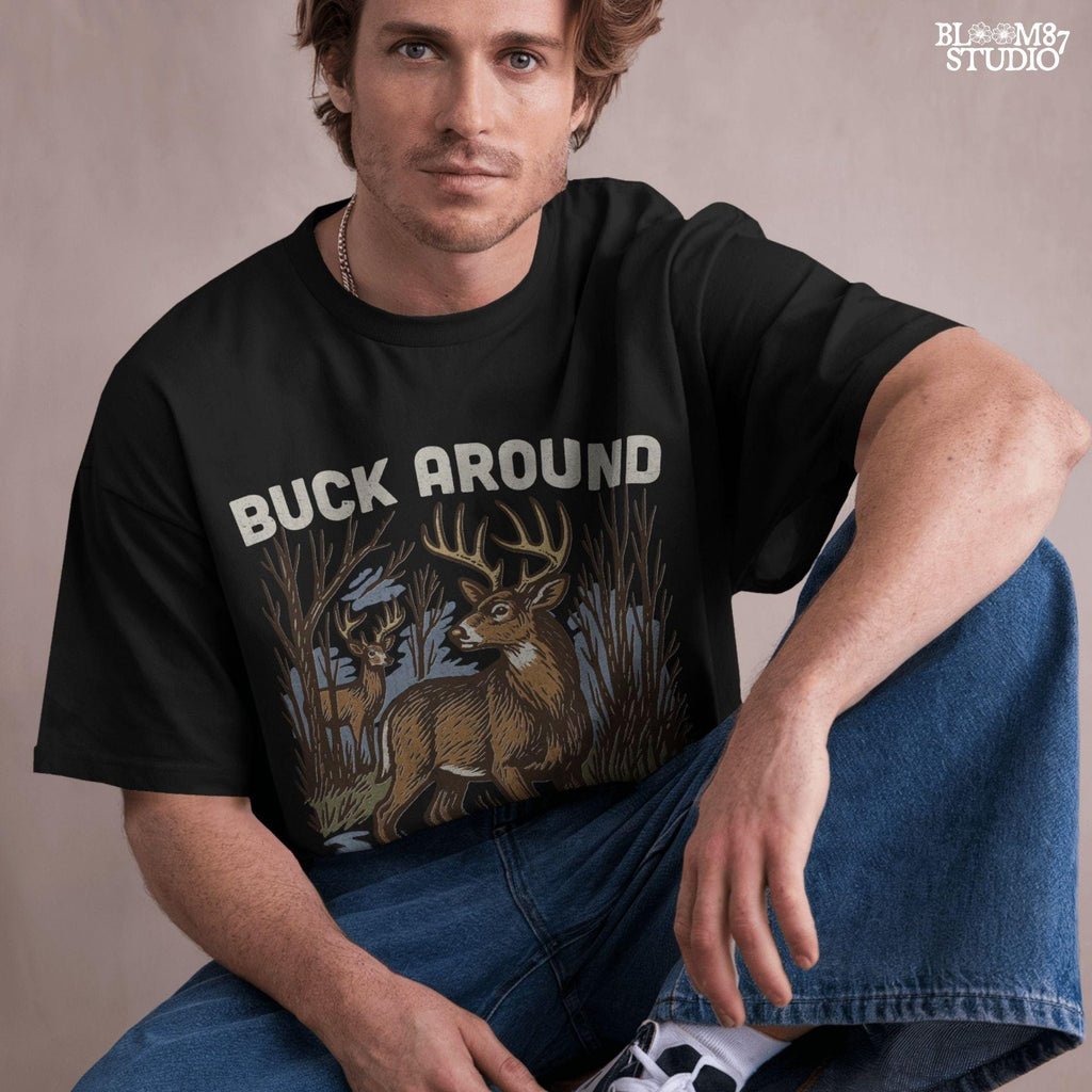 Retro-style deer hunting PNG design with bucks in the woods and text “Buck Around and Find Out”, perfect for funny hunter gifts.