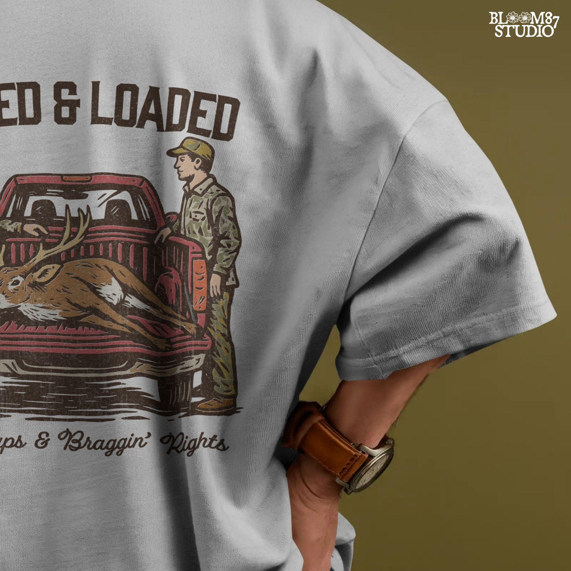 Rustic hunting design with two hunters, a truck, and a buck in the bed. Tagged and Loaded quote for deer season and outdoor graphics.