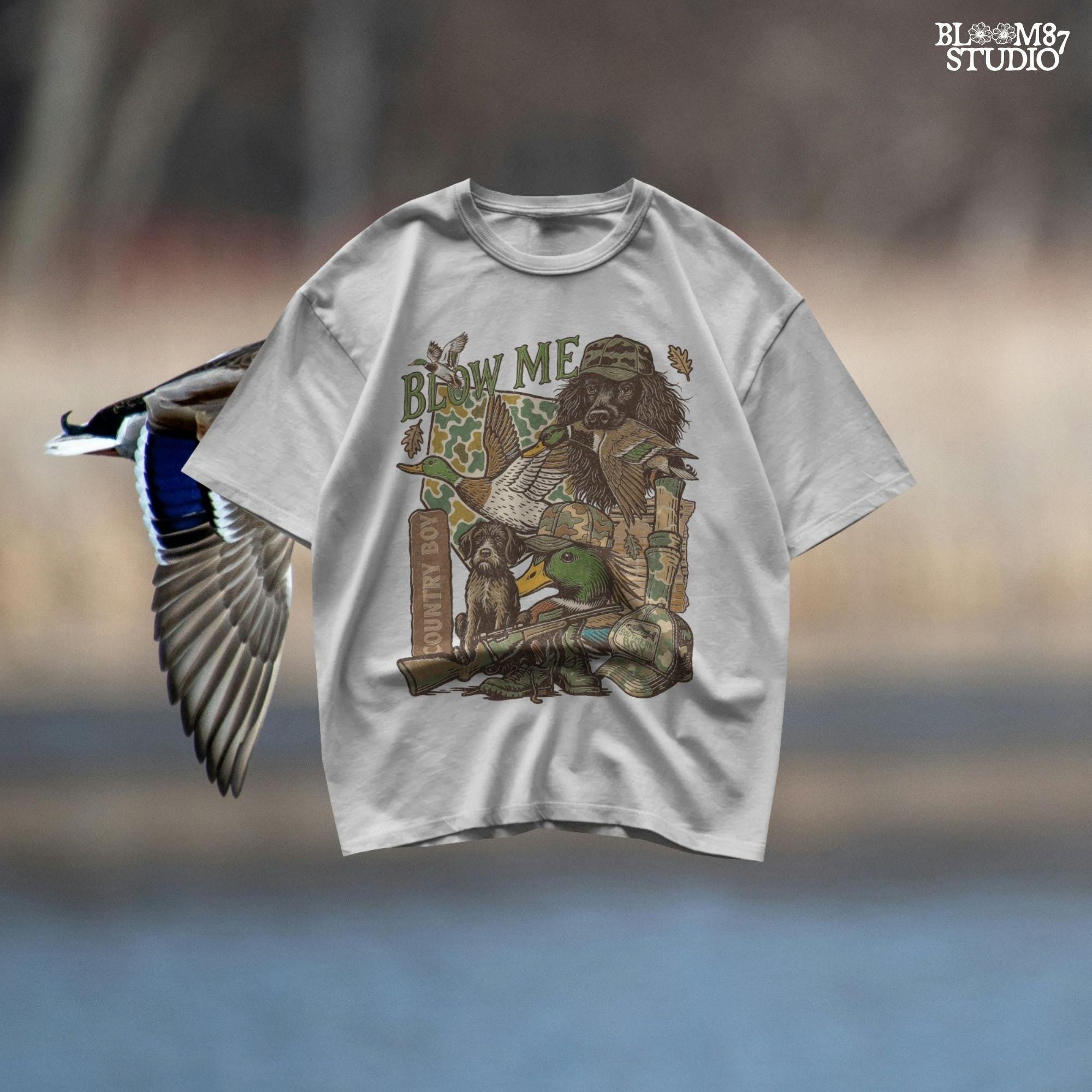 Retro collage of duck hunting elements including mallards, camo, duck dog, country boy rifle, and “Blow Me” southern humor quote.
