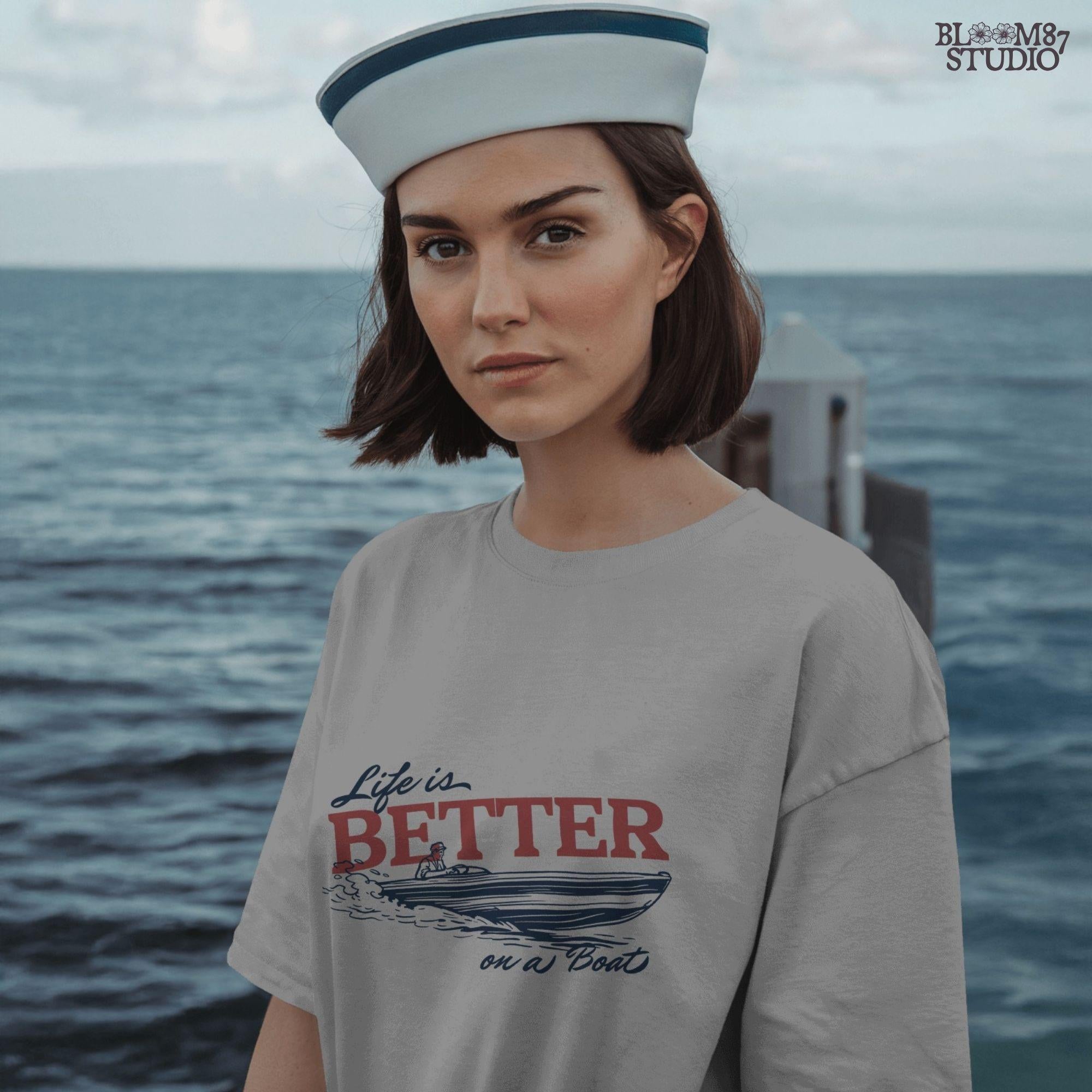 “Retro-style illustration of a man driving a speedboat with bold ‘Life is Better on a Boat’ typography, perfect for summer boating lovers.”
