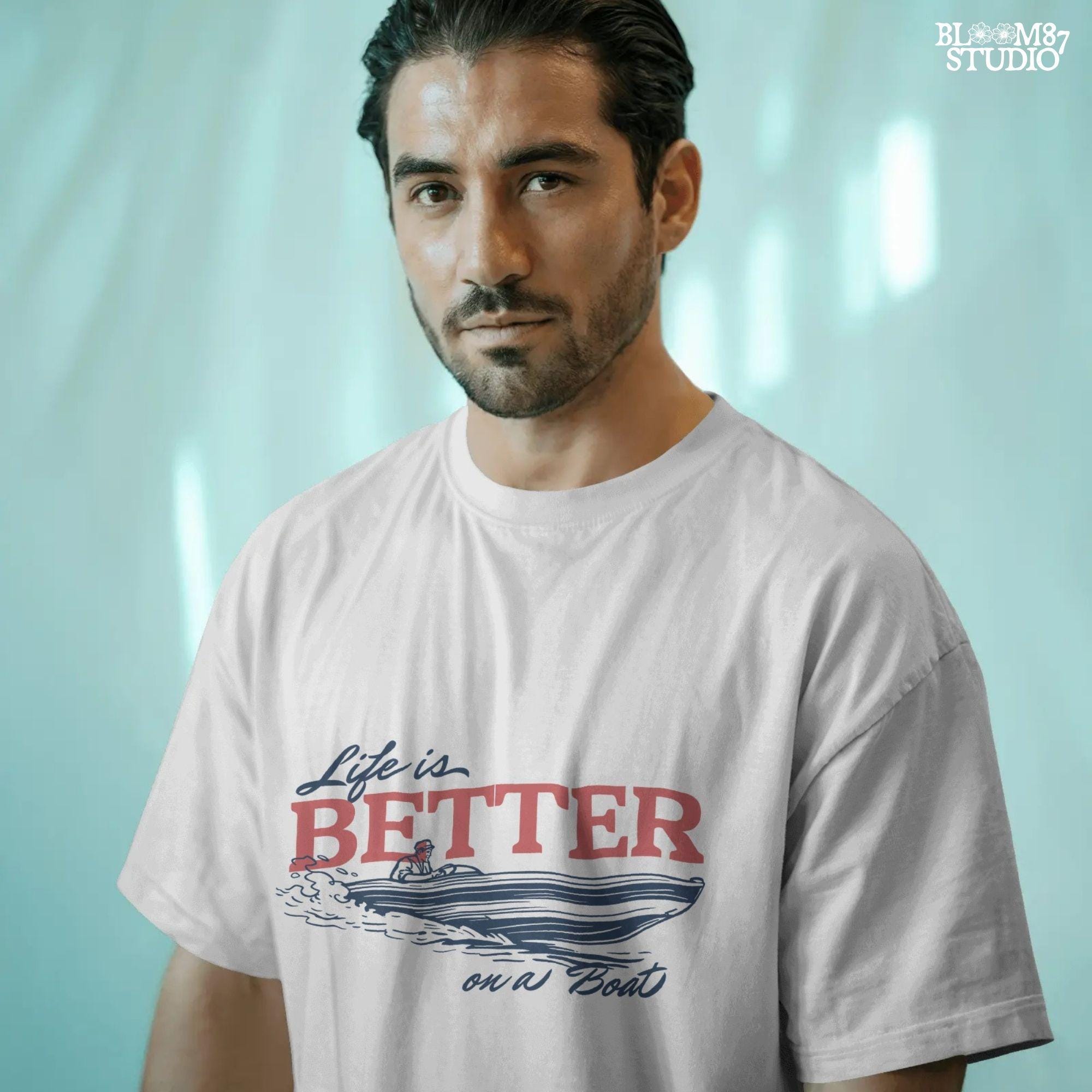 “Retro-style illustration of a man driving a speedboat with bold ‘Life is Better on a Boat’ typography, perfect for summer boating lovers.”