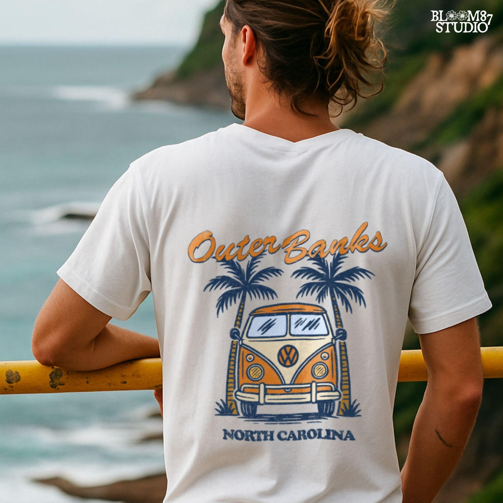 Vintage VW van parked between palm trees with “Outer Banks North Carolina” text, perfect for summer road trip beach vibes design.