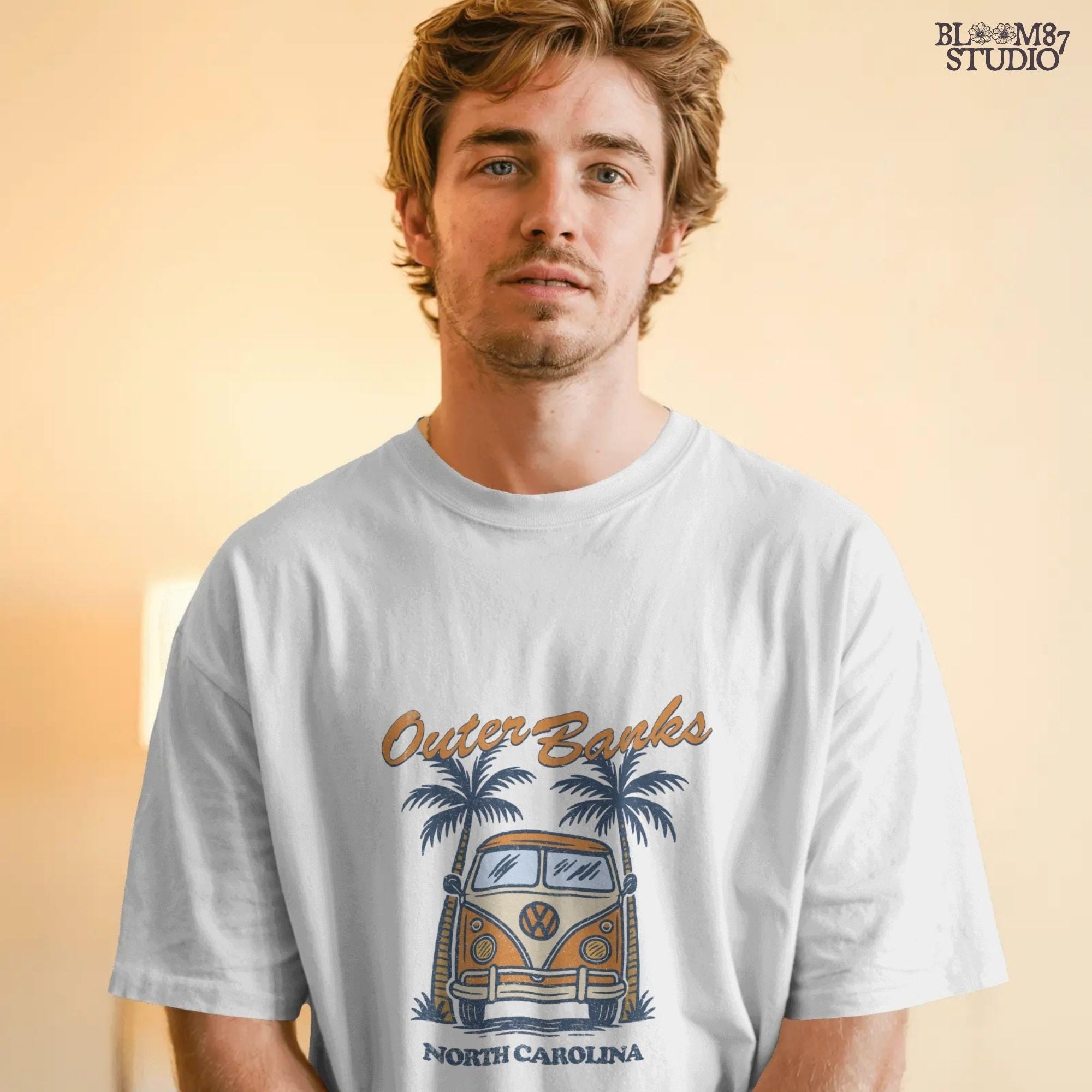 Vintage VW van parked between palm trees with “Outer Banks North Carolina” text, perfect for summer road trip beach vibes design.
