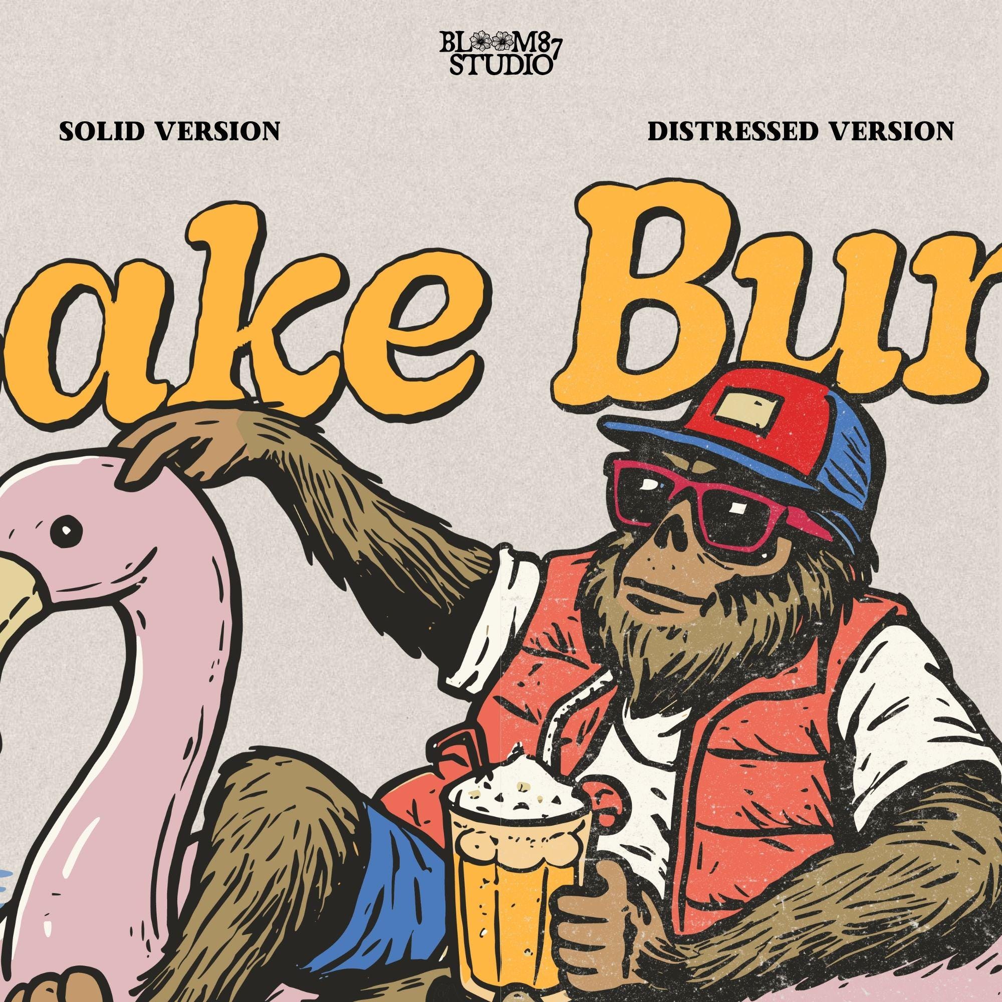 Bigfoot lounging on a pink flamingo float with a beer, wearing summer gear and sunglasses, with “Lake Bum” text above.