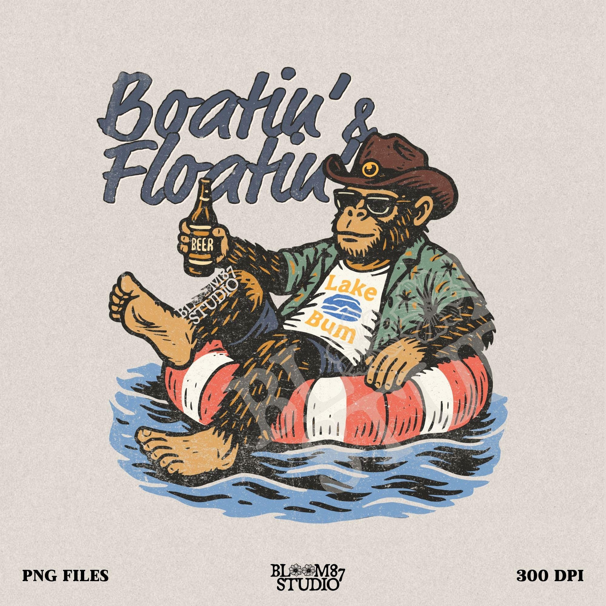 Bigfoot relaxing in a red and white pool float, holding a beer and wearing sunglasses, a hat, and a tropical shirt with “Boatin’ & Floatin’” text above.