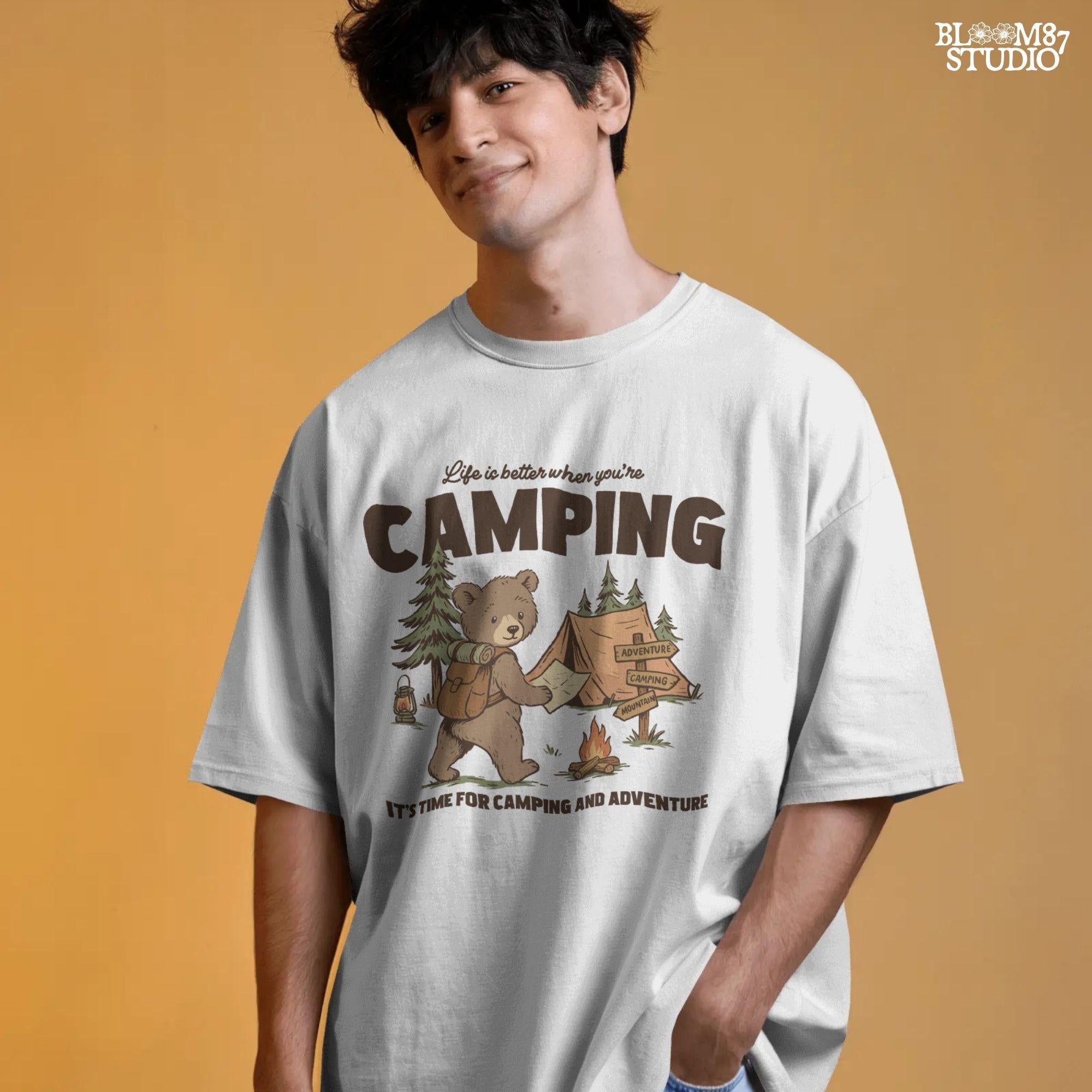 Cute bear with a backpack and camping map standing by a tent, campfire, and wooden adventure signs in a forest scene.