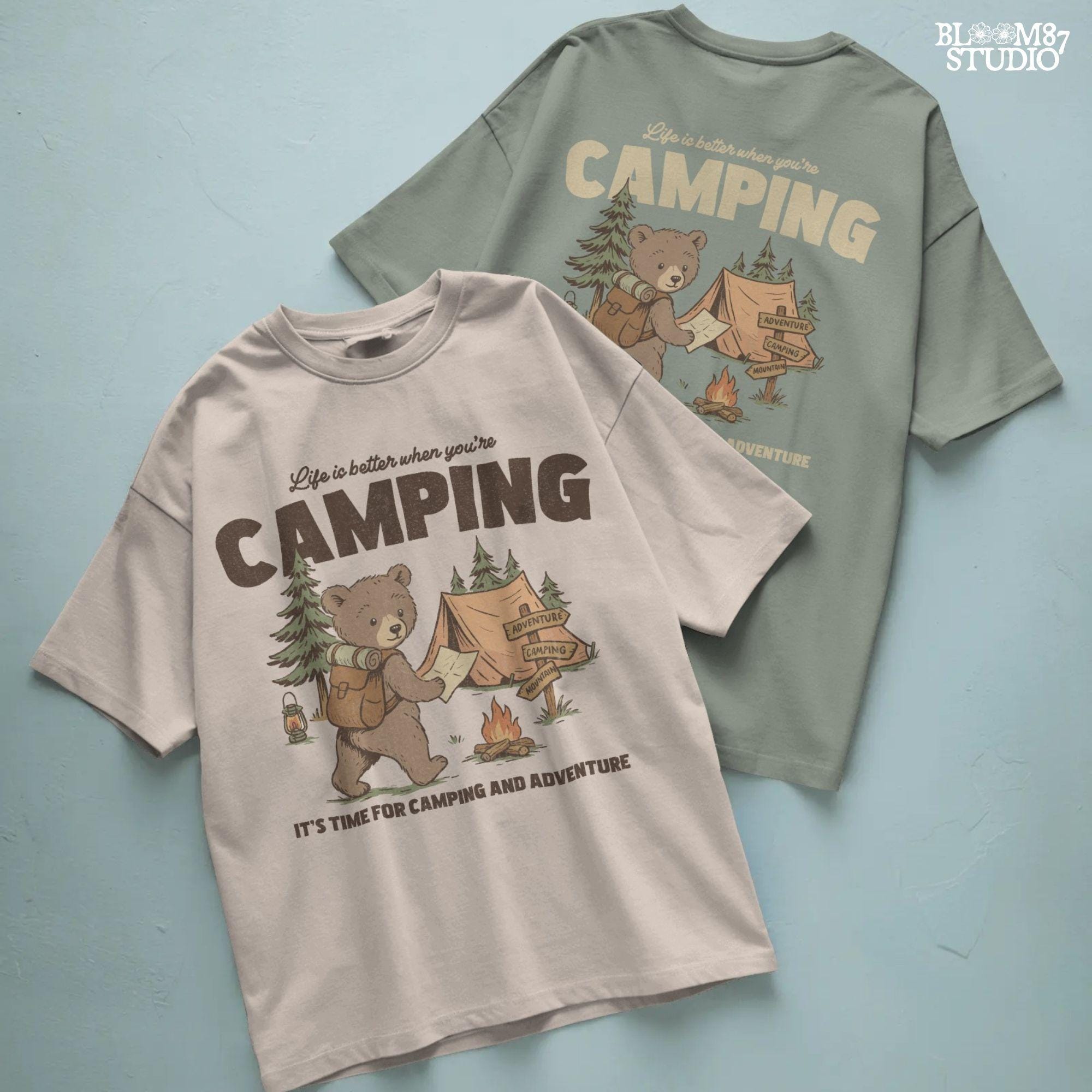 Cute bear with a backpack and camping map standing by a tent, campfire, and wooden adventure signs in a forest scene.