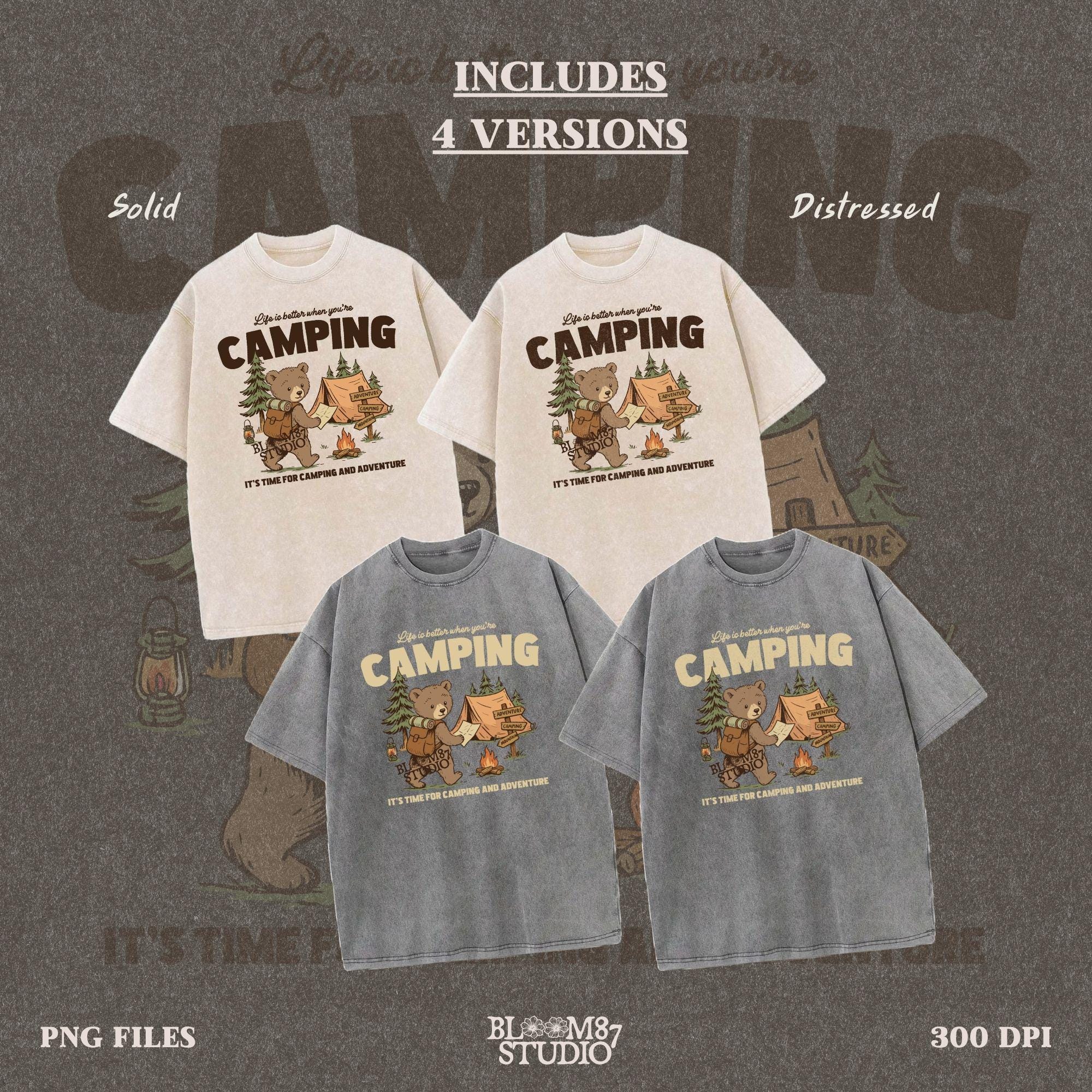 Cute bear with a backpack and camping map standing by a tent, campfire, and wooden adventure signs in a forest scene.