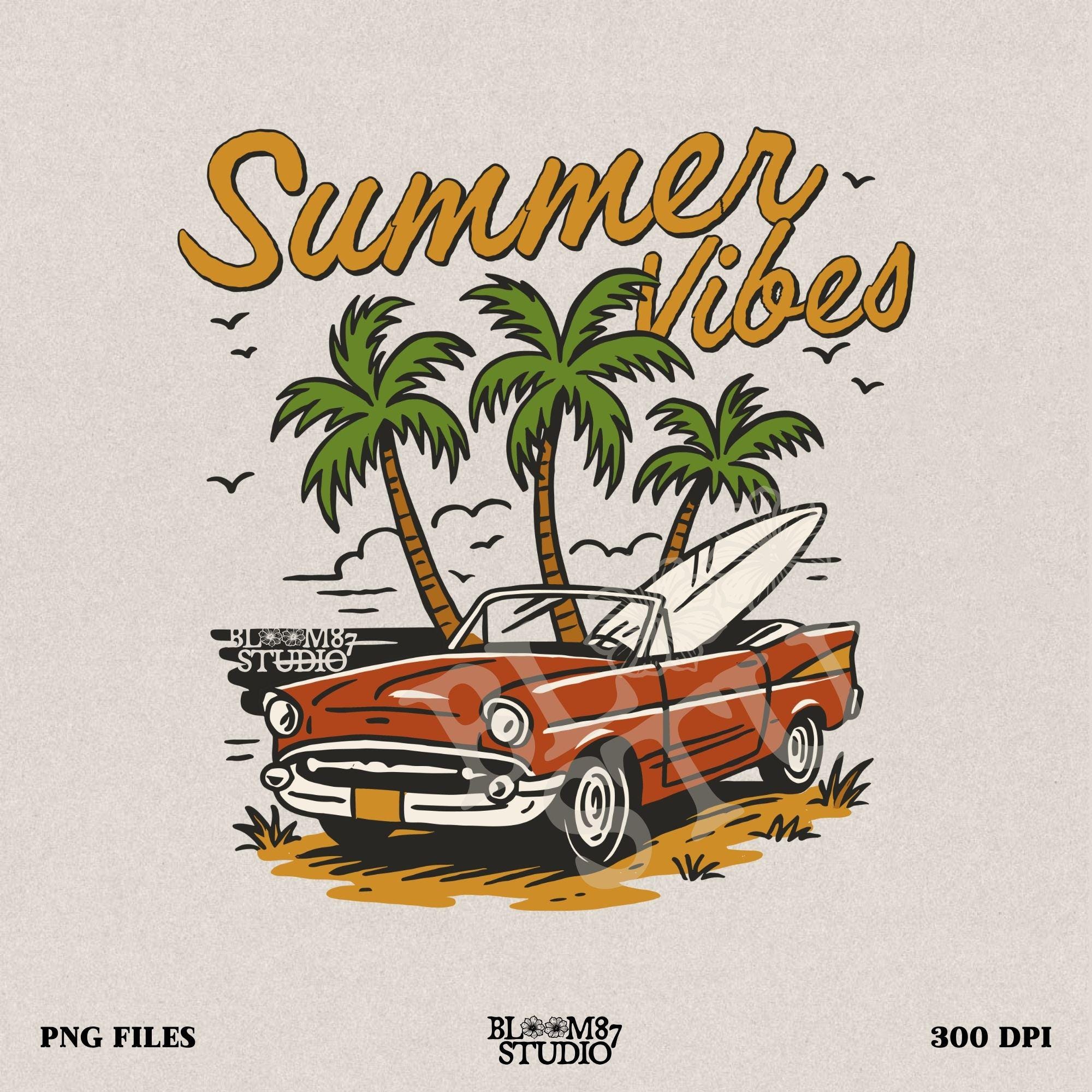 Red vintage convertible parked near palm trees at the beach with a surfboard and “Summer Vibes” text above.