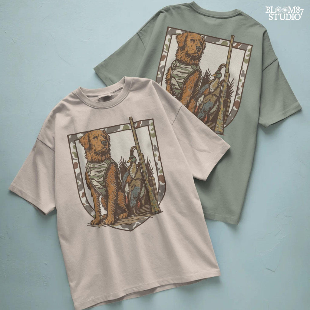 duck hunting dog in camo vest, retriever with mallard and shotgun, vintage hunting badge style illustration, outdoor hunting design