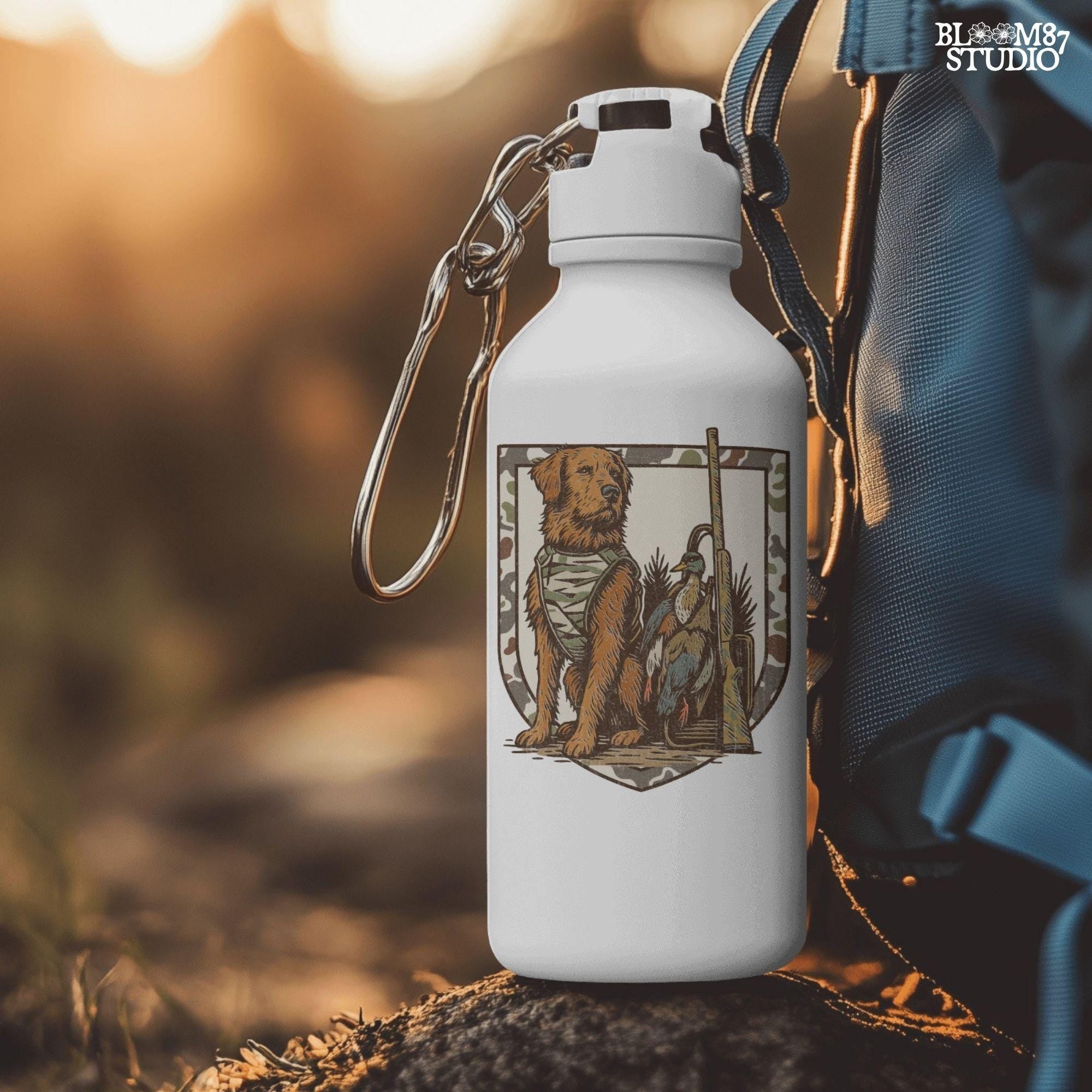 duck hunting dog in camo vest, retriever with mallard and shotgun, vintage hunting badge style illustration, outdoor hunting design