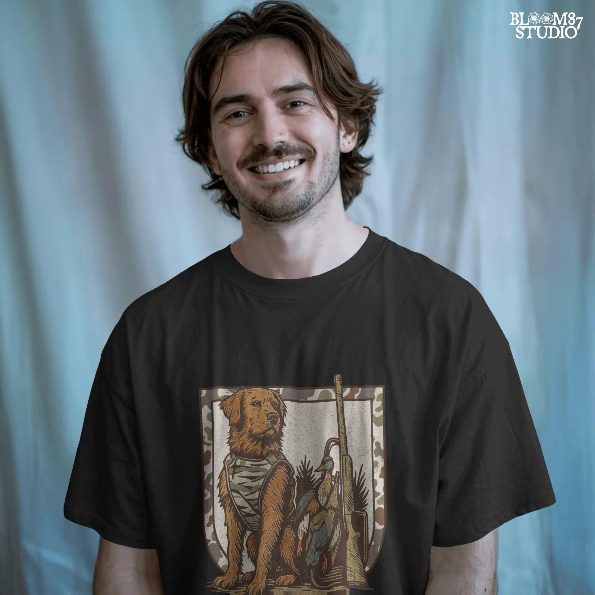 duck hunting dog in camo vest, retriever with mallard and shotgun, vintage hunting badge style illustration, outdoor hunting design