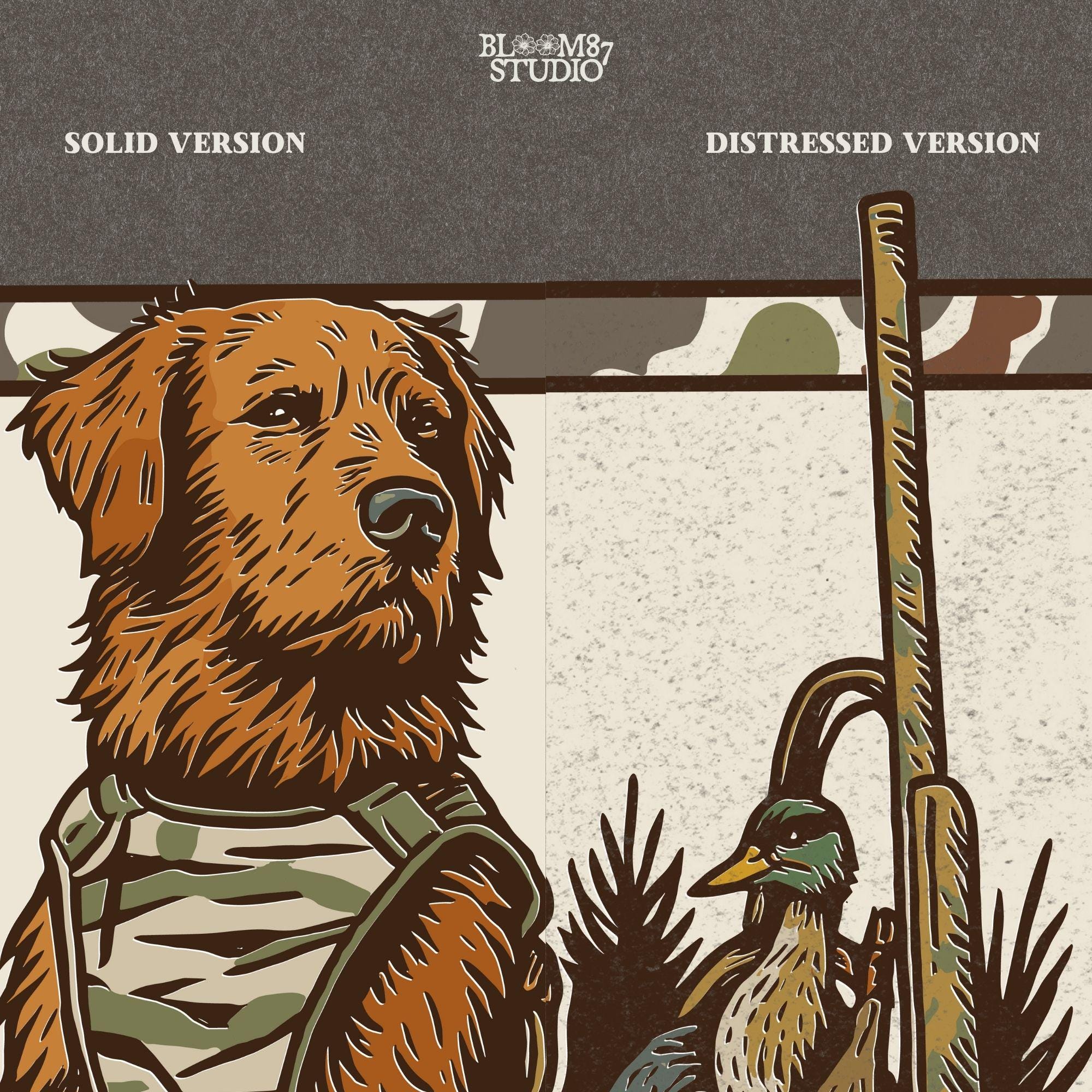 duck hunting dog in camo vest, retriever with mallard and shotgun, vintage hunting badge style illustration, outdoor hunting design