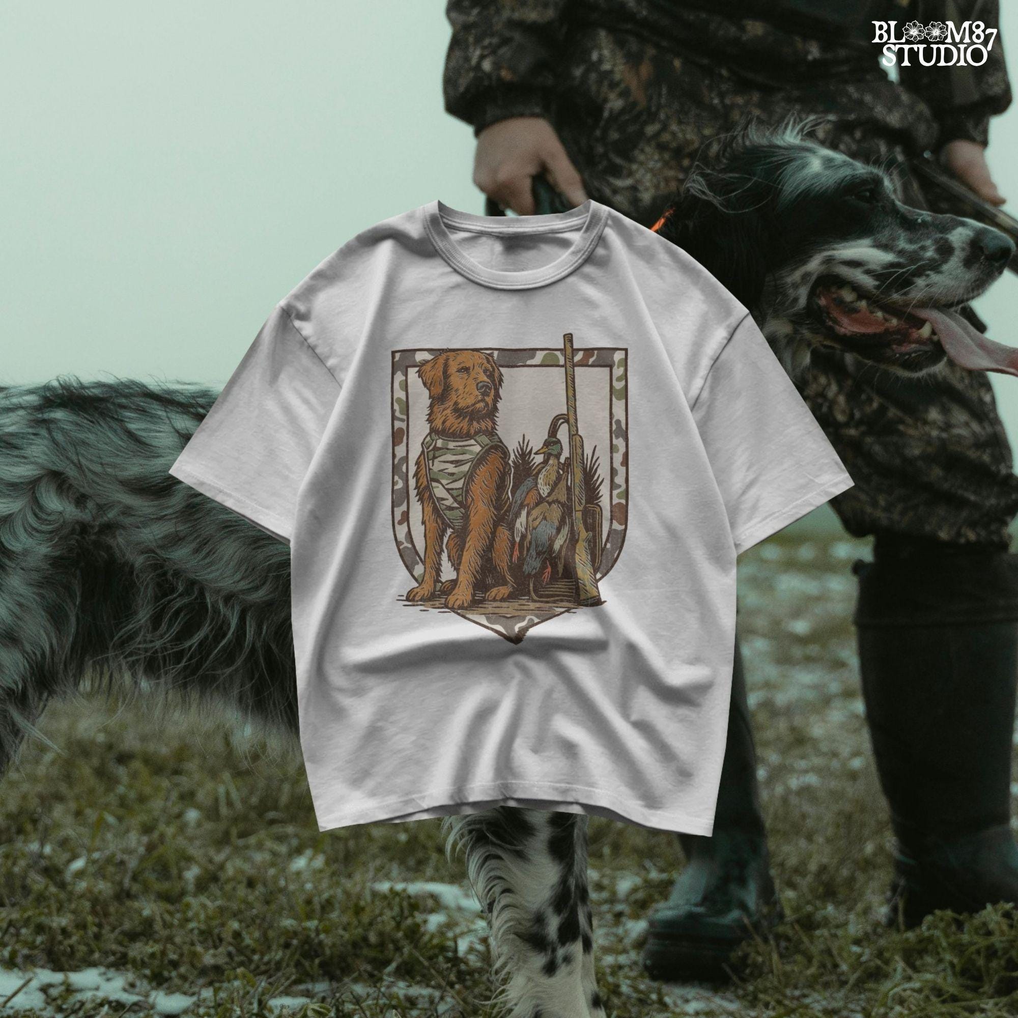 duck hunting dog in camo vest, retriever with mallard and shotgun, vintage hunting badge style illustration, outdoor hunting design