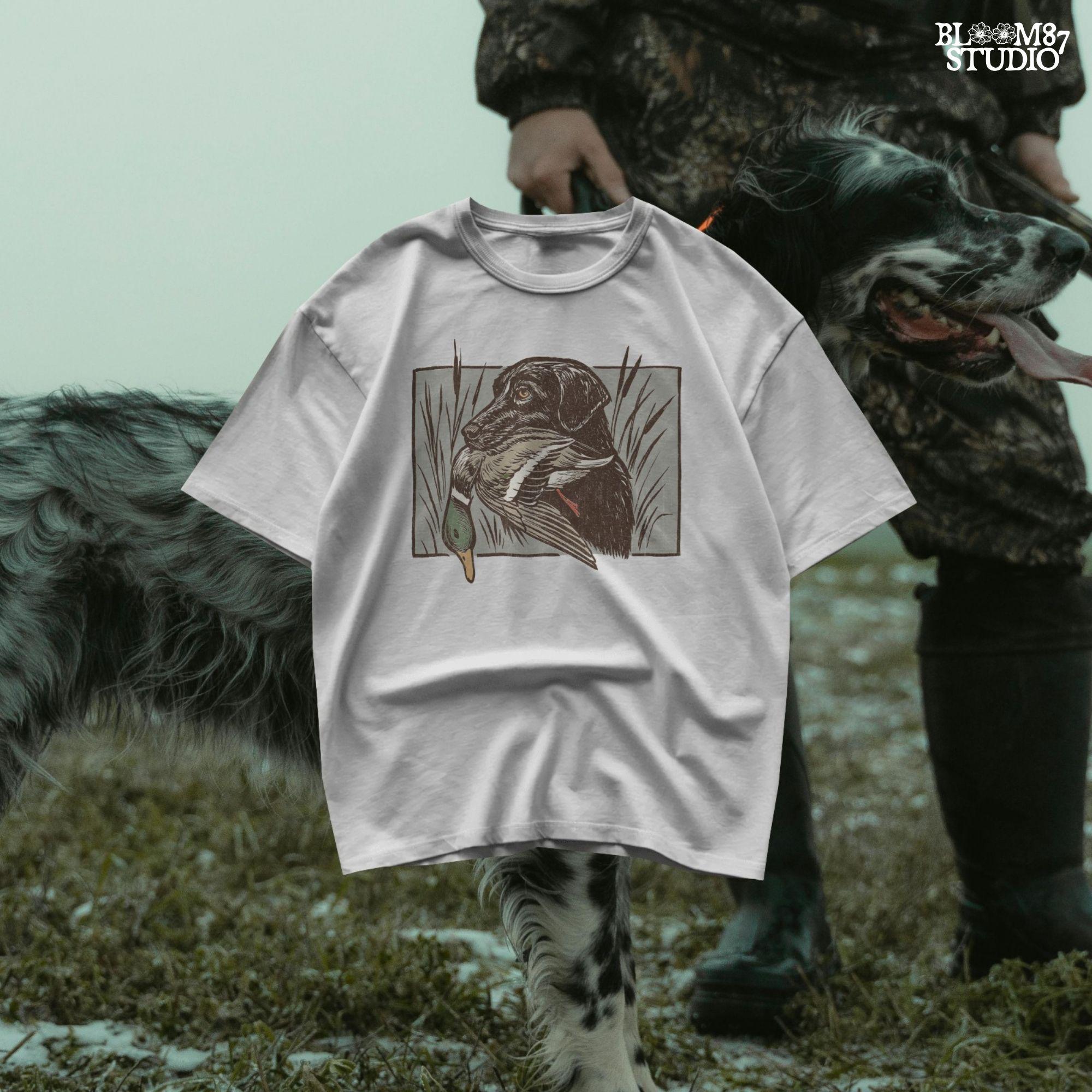 black labrador retriever with mallard duck, duck hunting dog in marsh grass, vintage outdoor hunting design, mallard duck art illustration