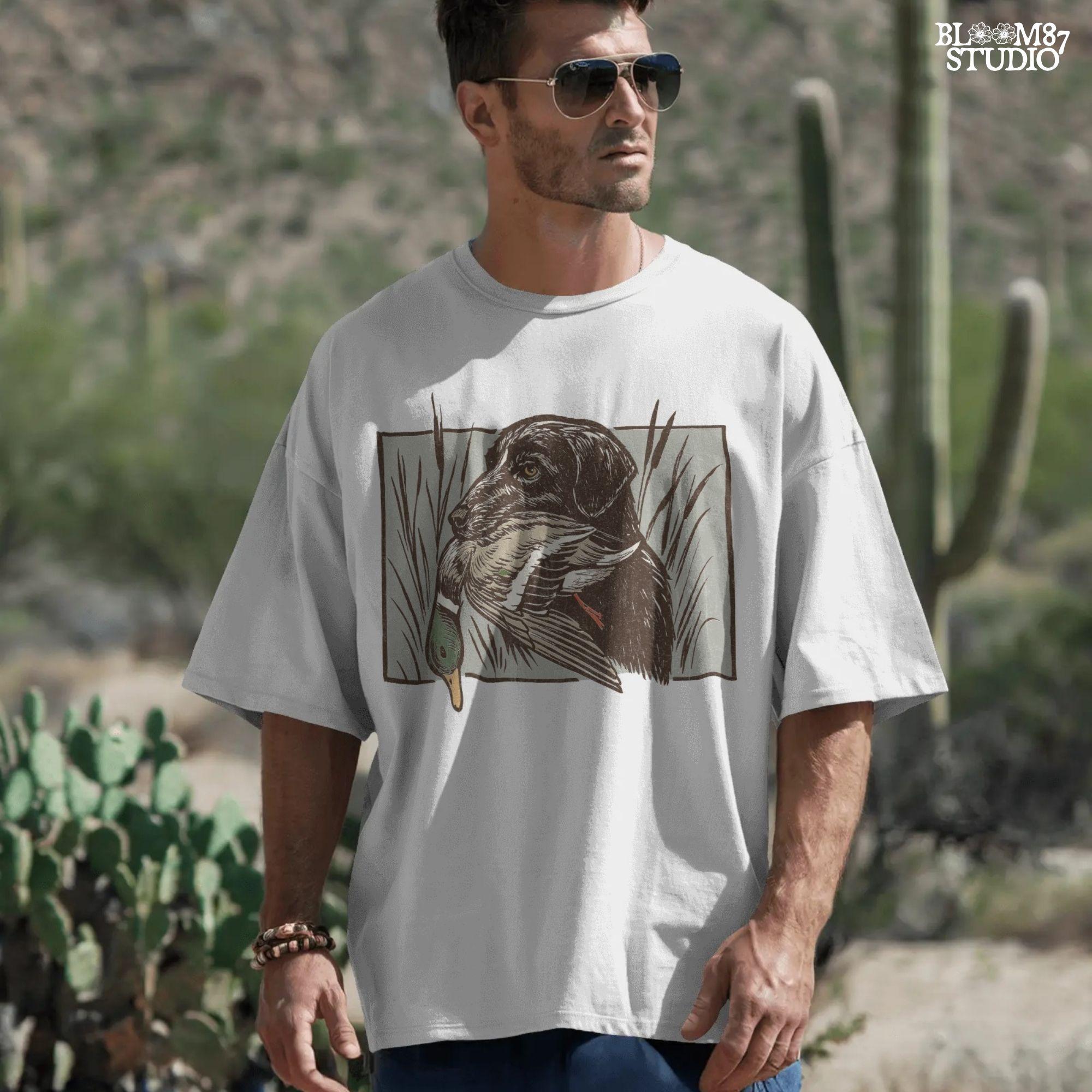 black labrador retriever with mallard duck, duck hunting dog in marsh grass, vintage outdoor hunting design, mallard duck art illustration