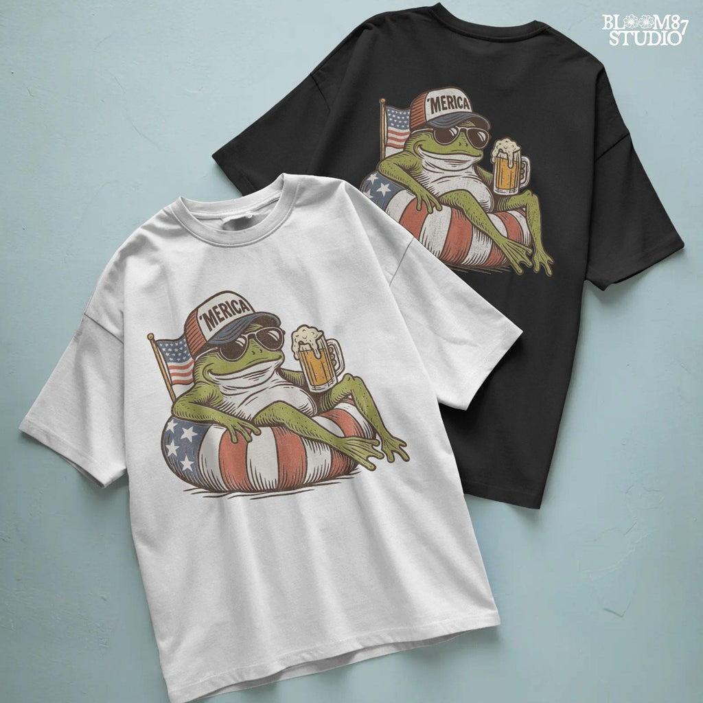 A vintage-style cartoon frog lounging on a patriotic inner tube, wearing a ‘Merica cap and sunglasses, holding a mug of beer with an American flag in the background.