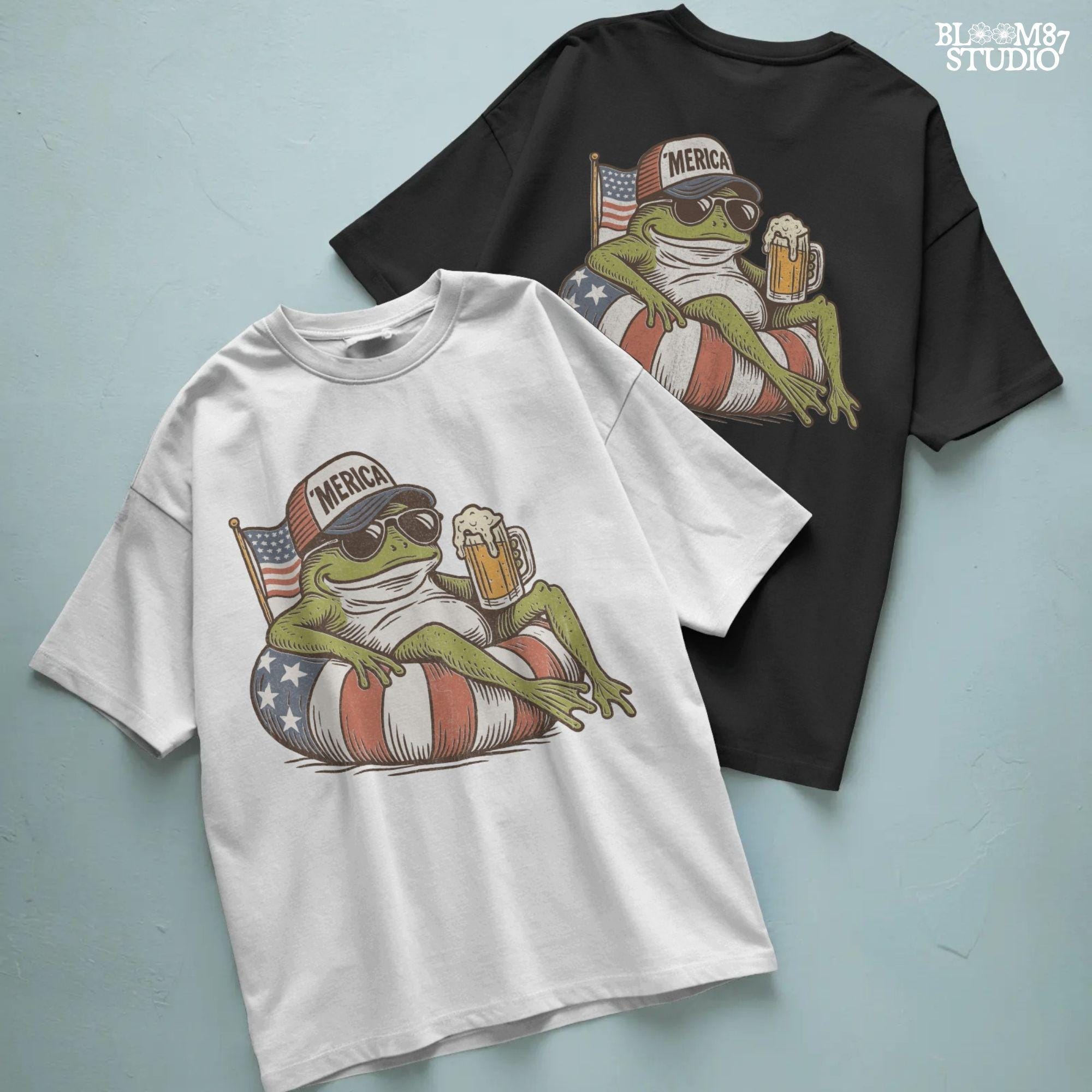 A vintage-style cartoon frog lounging on a patriotic inner tube, wearing a ‘Merica cap and sunglasses, holding a mug of beer with an American flag in the background.