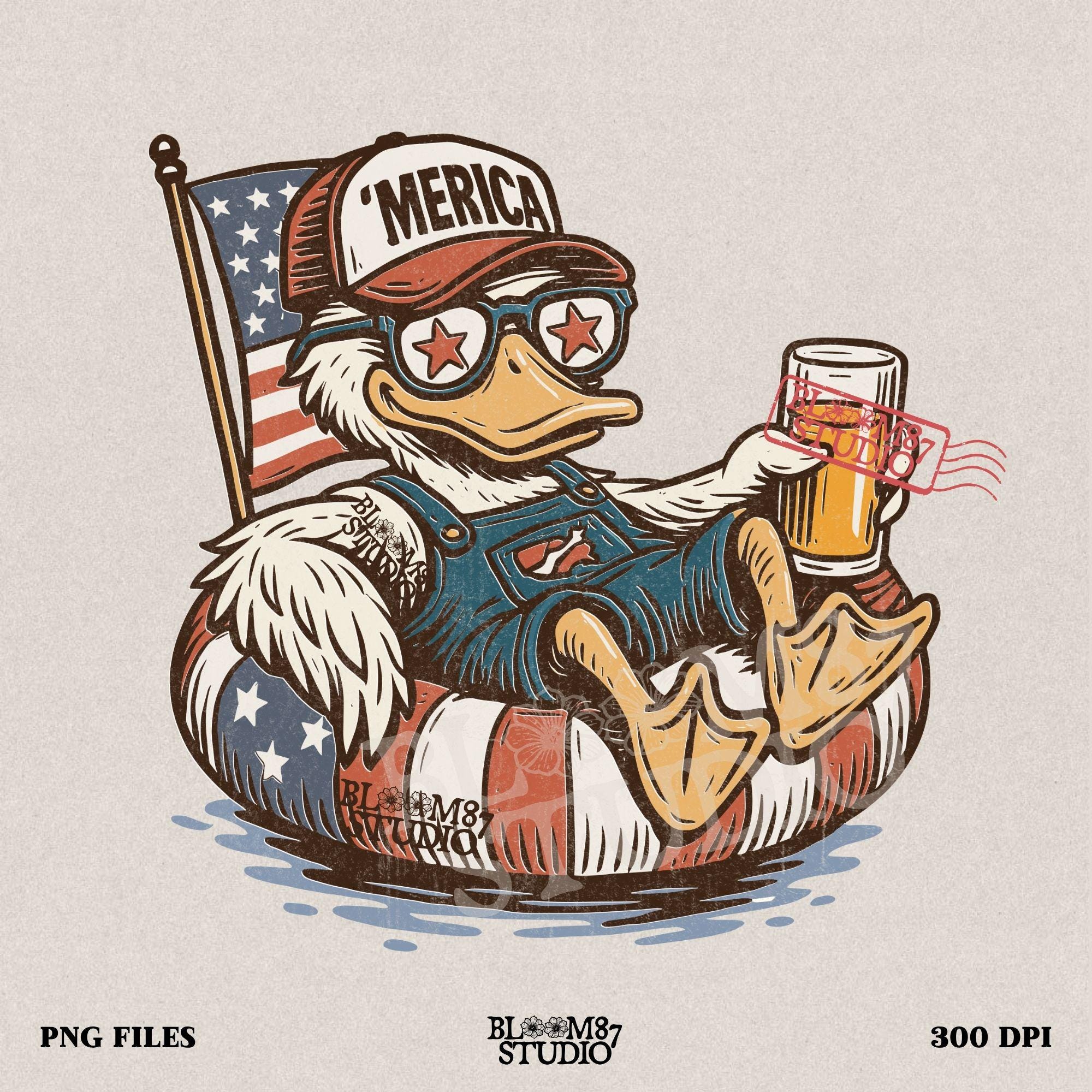 Cartoon duck lounging on a red, white, and blue floaty, wearing sunglasses and a ‘Merica cap, holding a beer with American flag background.
