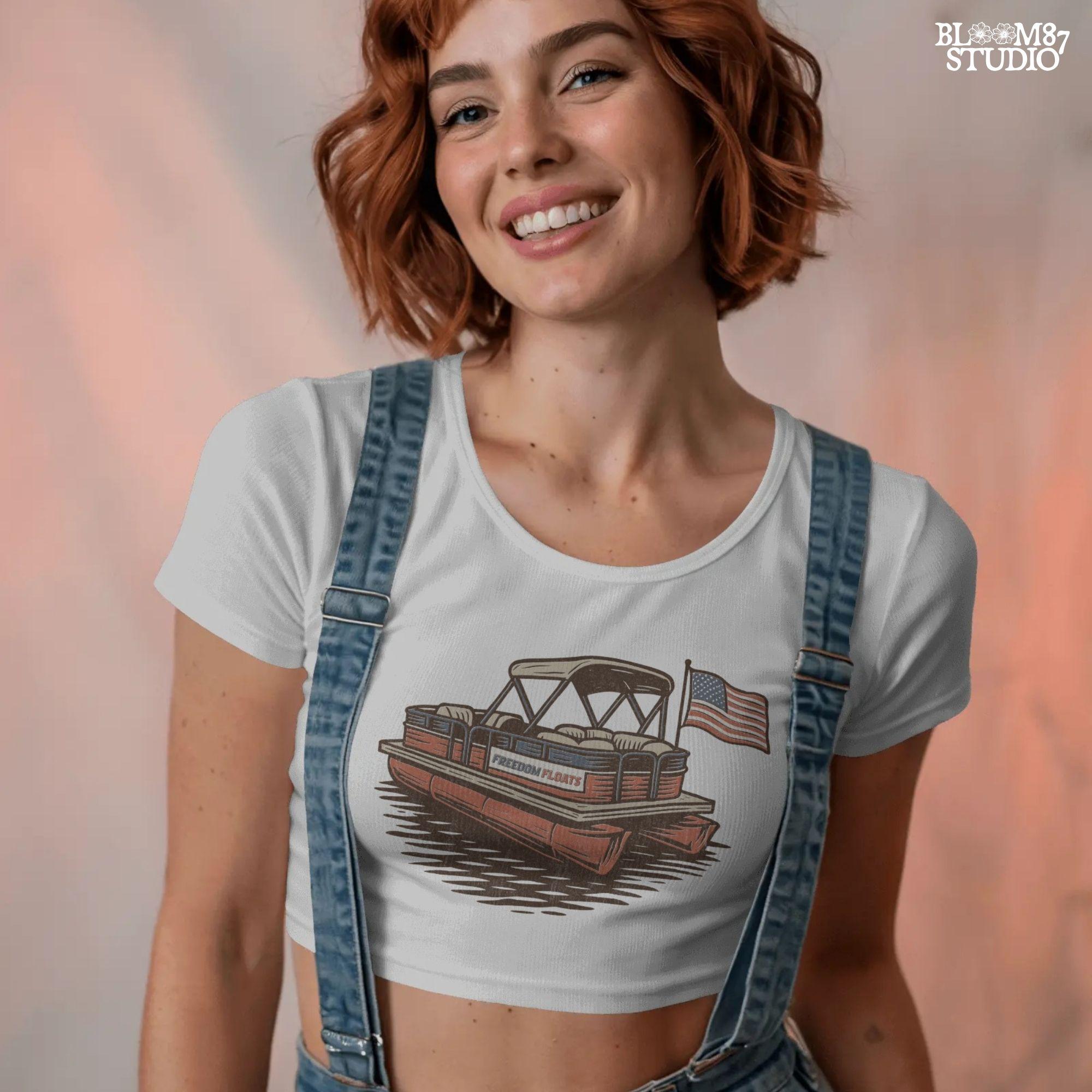 Vintage illustration of a red pontoon boat with “Freedom Floats” text and an American flag waving at the back, floating on a lake.