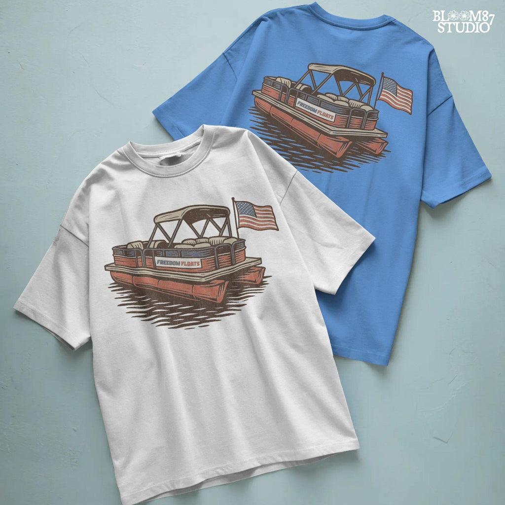 Vintage illustration of a red pontoon boat with “Freedom Floats” text and an American flag waving at the back, floating on a lake.