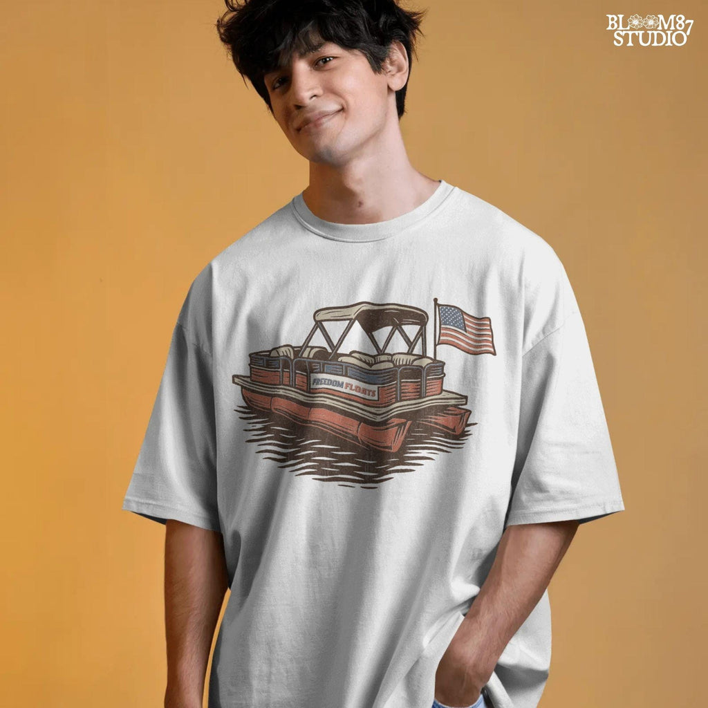 Vintage illustration of a red pontoon boat with “Freedom Floats” text and an American flag waving at the back, floating on a lake.