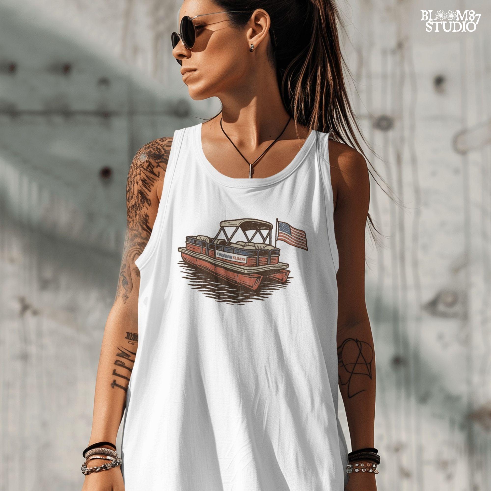 Vintage illustration of a red pontoon boat with “Freedom Floats” text and an American flag waving at the back, floating on a lake.