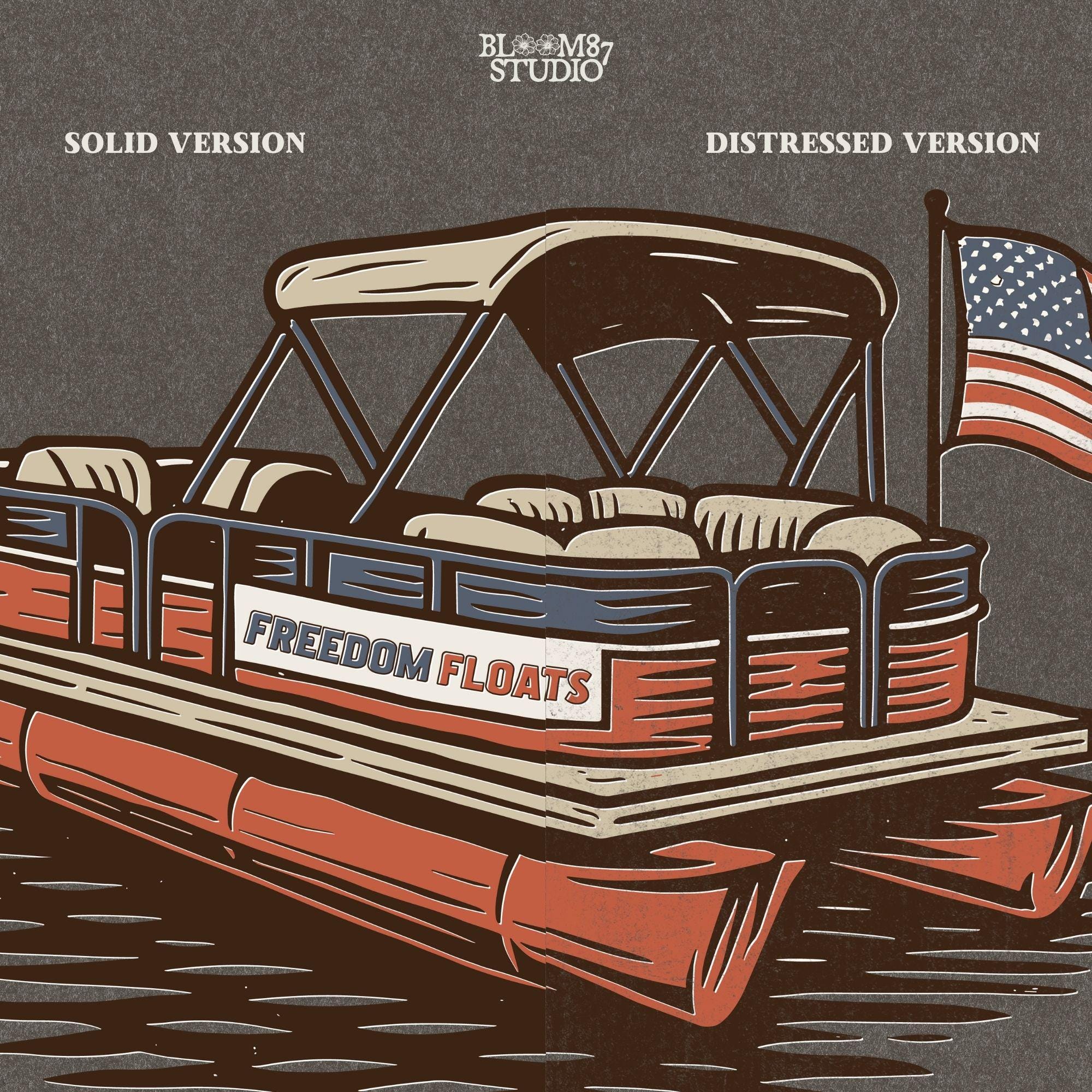 Vintage illustration of a red pontoon boat with “Freedom Floats” text and an American flag waving at the back, floating on a lake.