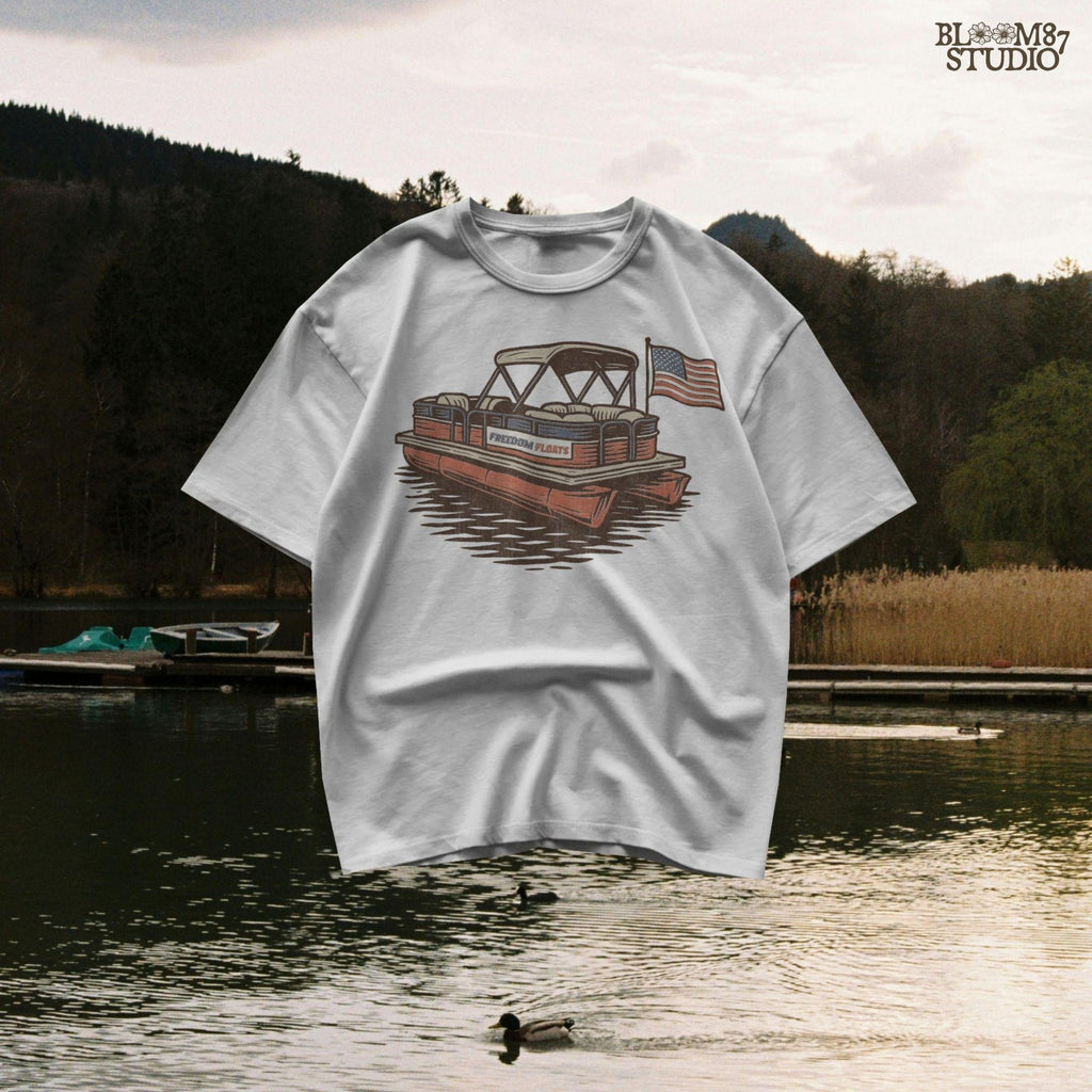 Vintage illustration of a red pontoon boat with “Freedom Floats” text and an American flag waving at the back, floating on a lake.