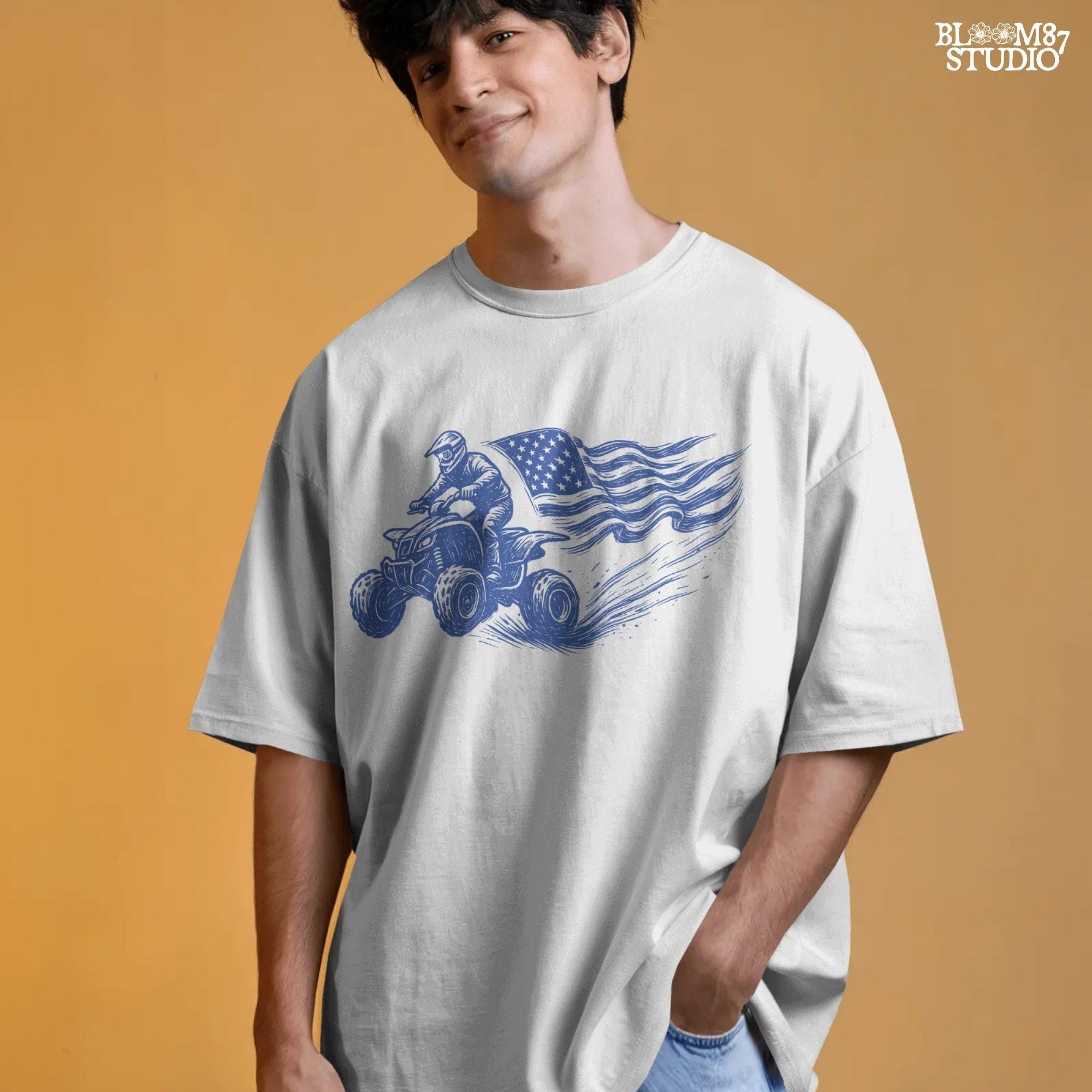 Hand-drawn illustration of a 4-wheeler racing ATV rider waving an American flag, evoking patriotic off-road adventure and freedom.