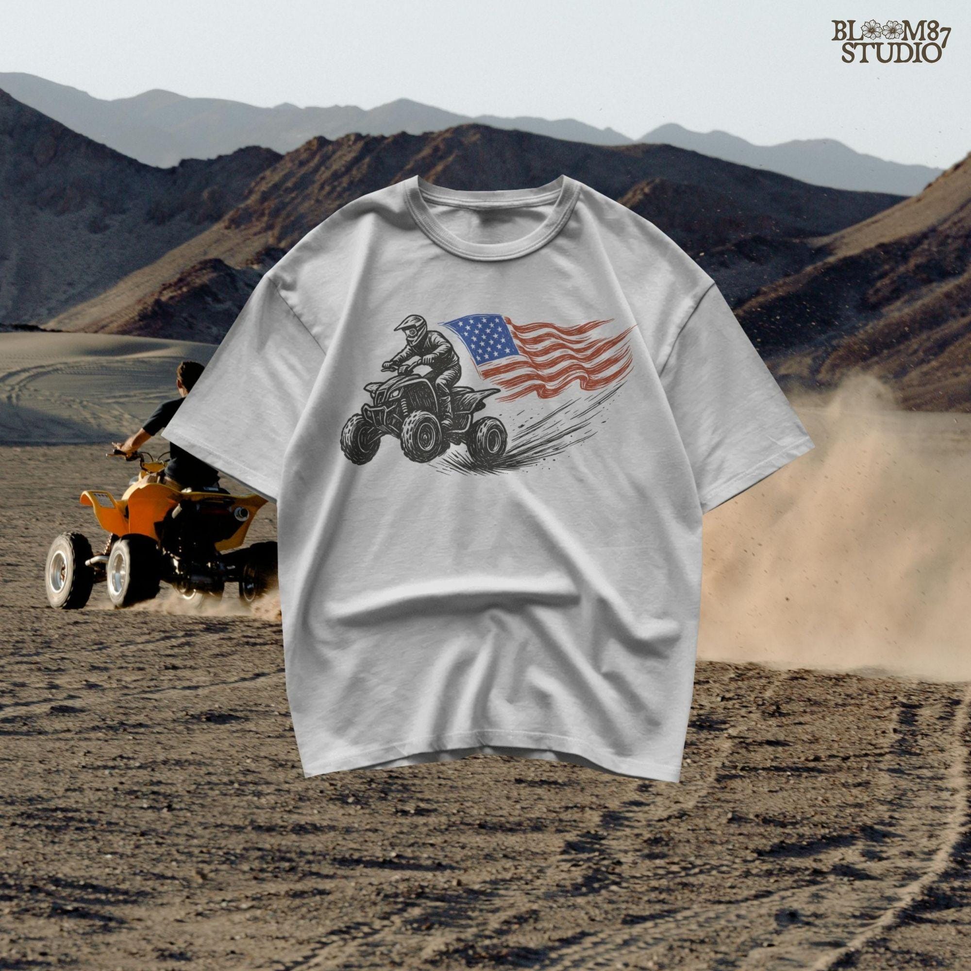 Hand-drawn illustration of a 4-wheeler racing ATV rider waving an American flag, evoking patriotic off-road adventure and freedom.