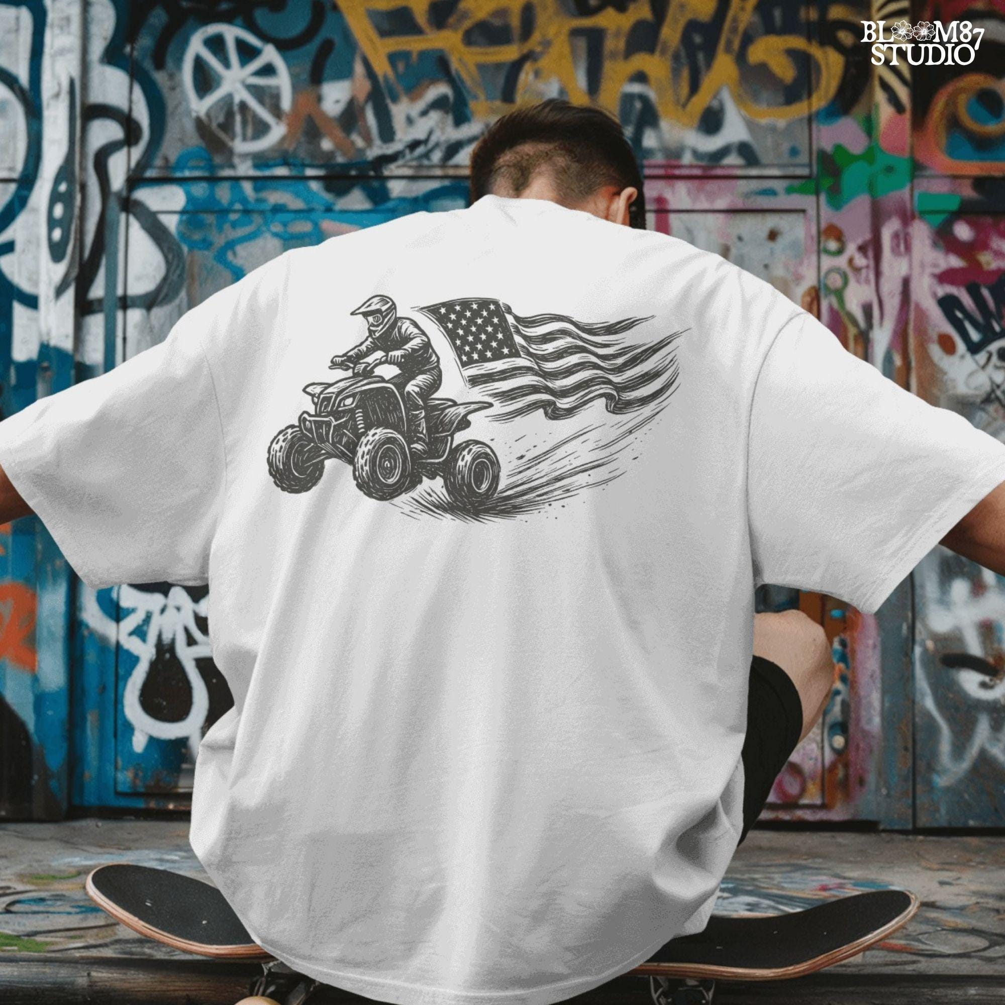 Hand-drawn illustration of a 4-wheeler racing ATV rider waving an American flag, evoking patriotic off-road adventure and freedom.