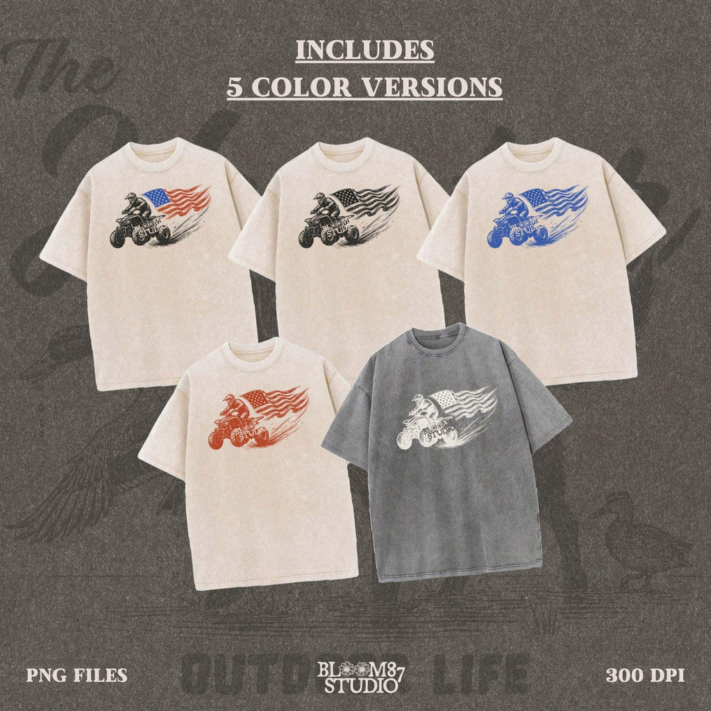 Hand-drawn illustration of a 4-wheeler racing ATV rider waving an American flag, evoking patriotic off-road adventure and freedom.