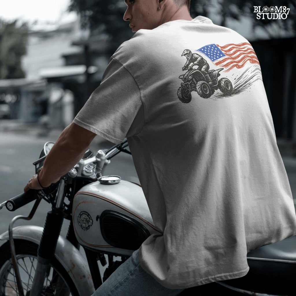 Hand-drawn illustration of a 4-wheeler racing ATV rider waving an American flag, evoking patriotic off-road adventure and freedom.
