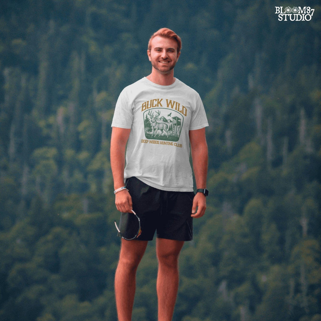 Illustration of a buck in the forest with mountains, a watchtower, and a bird, framed by the text “Buck Wild – Deep Woods Hunting Club”.