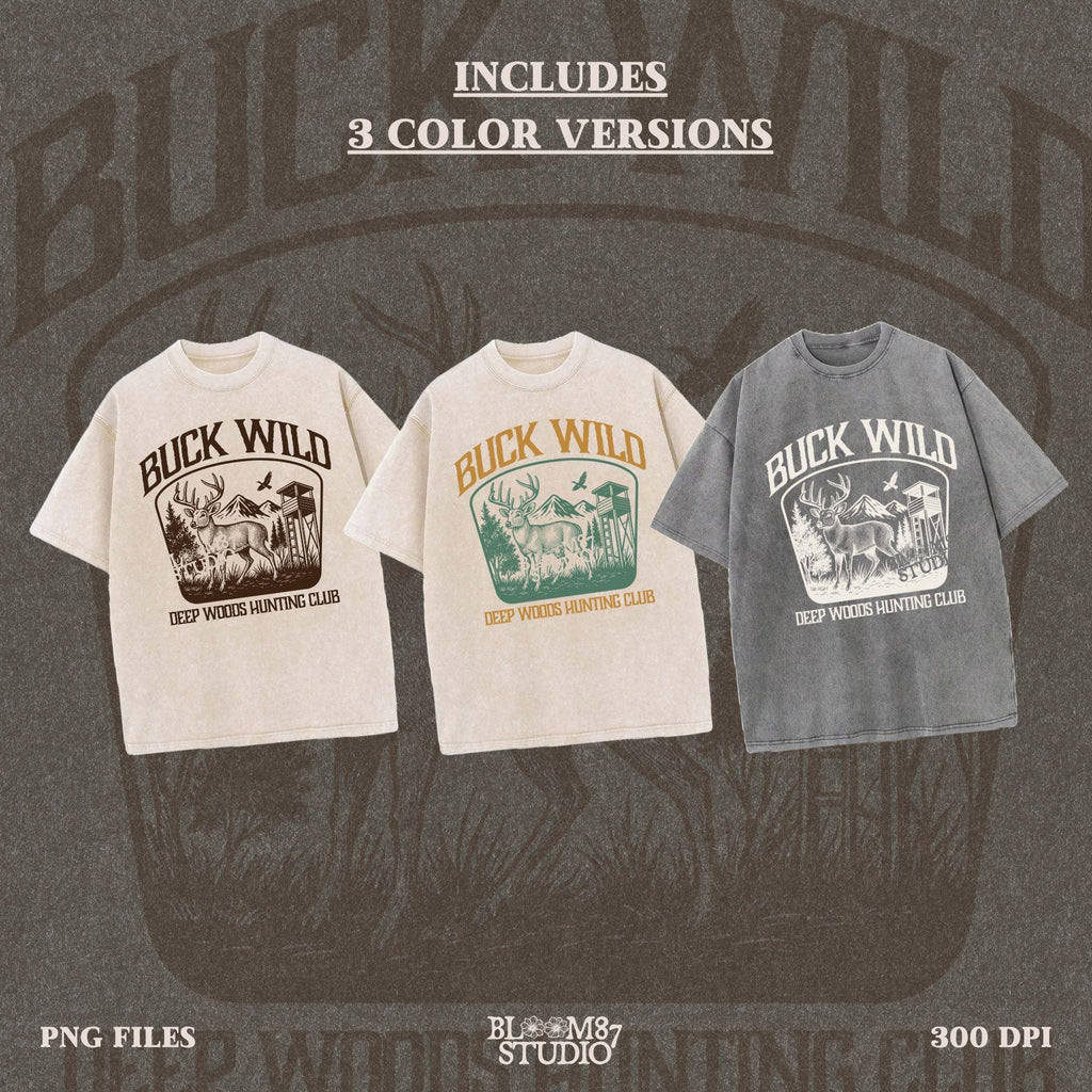 Illustration of a buck in the forest with mountains, a watchtower, and a bird, framed by the text “Buck Wild – Deep Woods Hunting Club”.