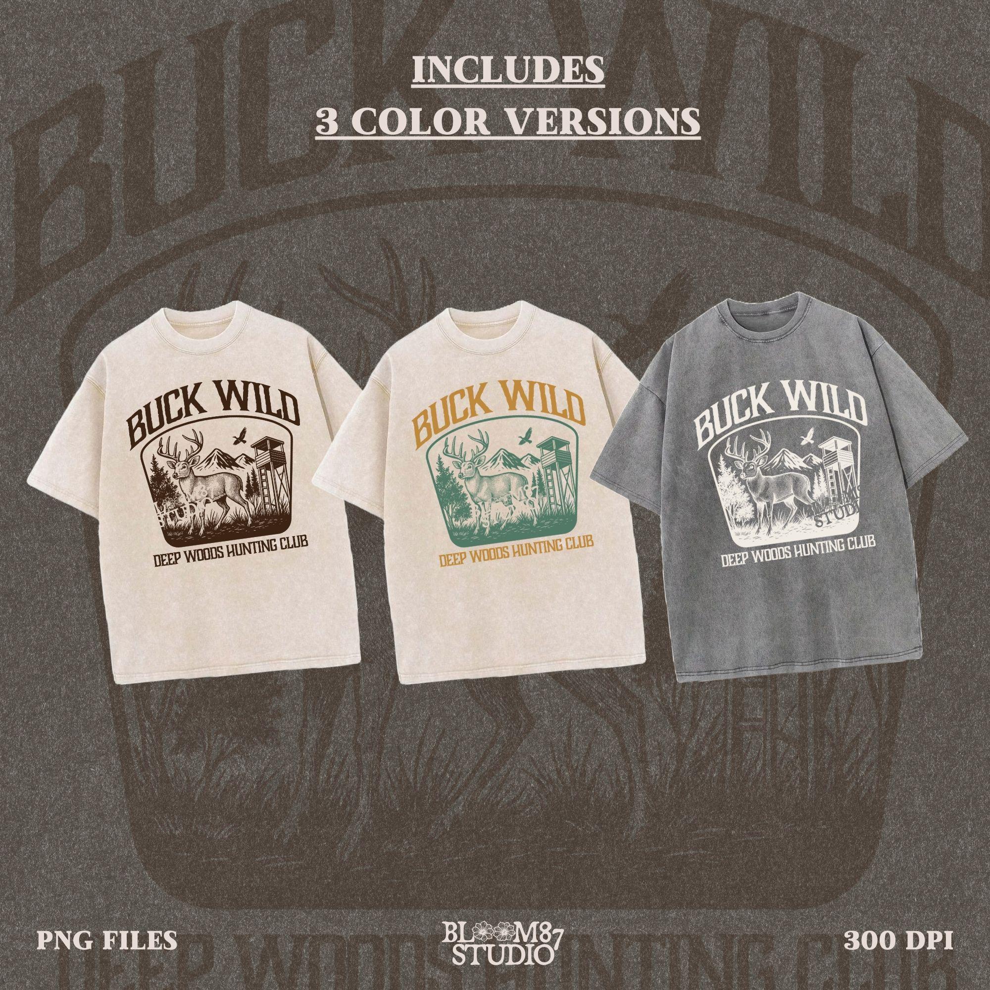 Illustration of a buck in the forest with mountains, a watchtower, and a bird, framed by the text “Buck Wild – Deep Woods Hunting Club”.