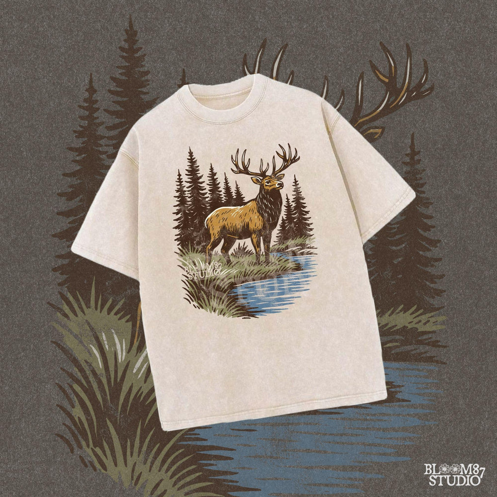 Illustration of a majestic elk with large antlers standing by a stream, surrounded by tall pine trees in a forest setting.