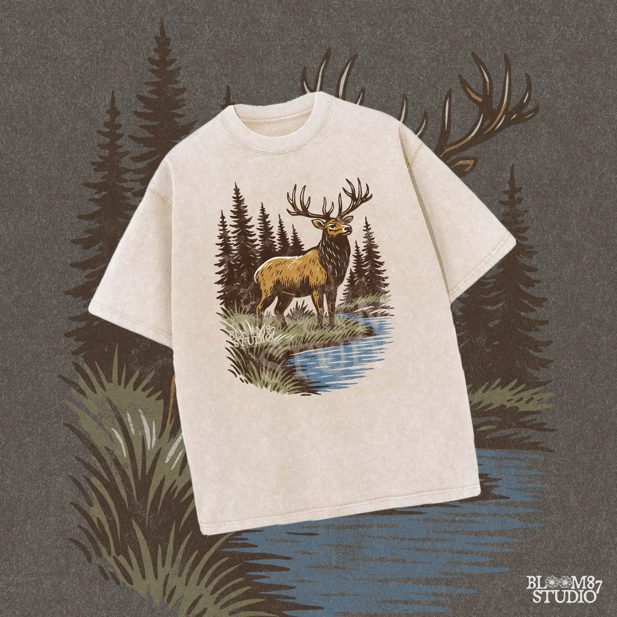 Illustration of a majestic elk with large antlers standing by a stream, surrounded by tall pine trees in a forest setting.