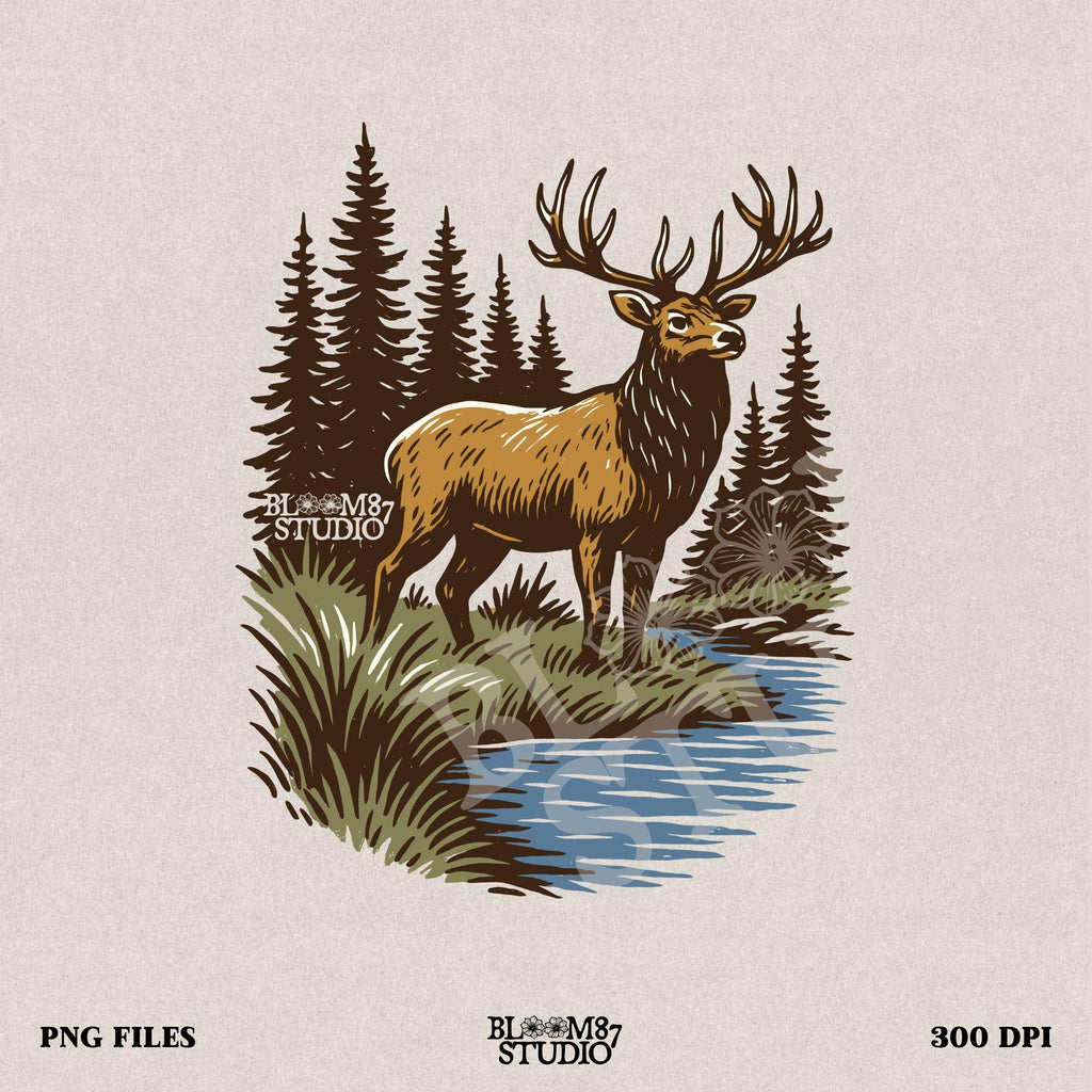 Illustration of a majestic elk with large antlers standing by a stream, surrounded by tall pine trees in a forest setting.