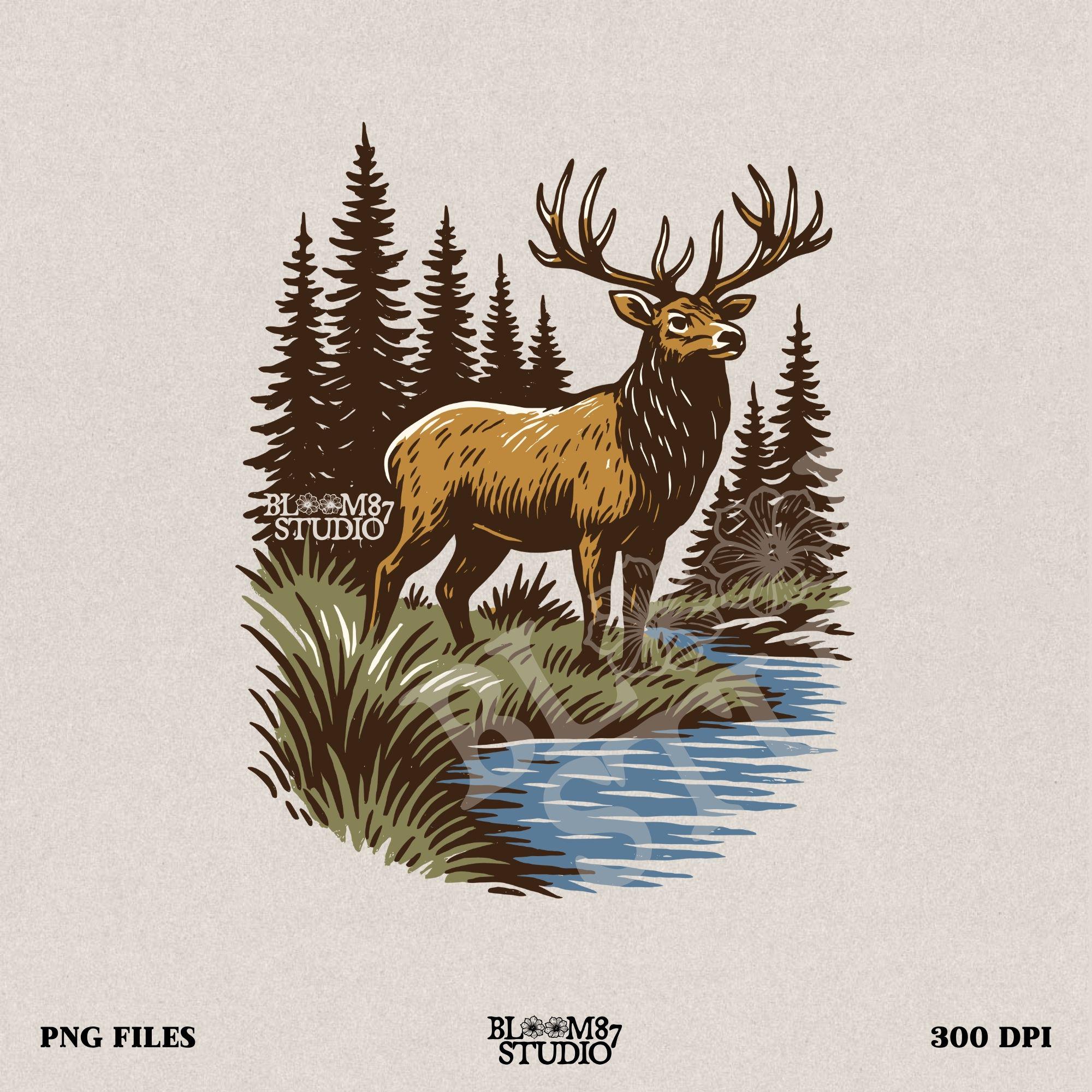 Illustration of a majestic elk with large antlers standing by a stream, surrounded by tall pine trees in a forest setting.