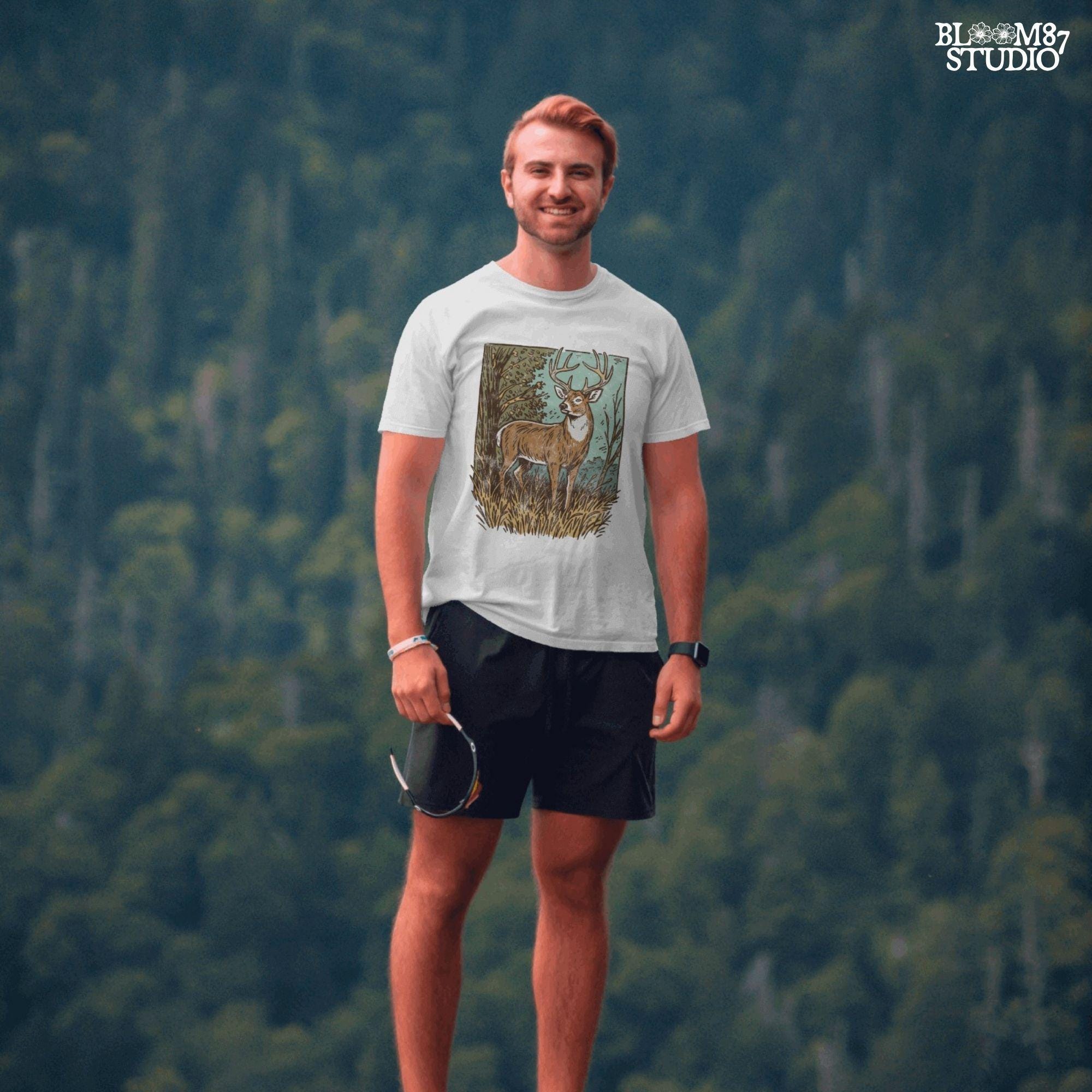 Whitetail buck illustration in tall grass and fall forest, rustic hunting PNG clipart for outdoor crafting.