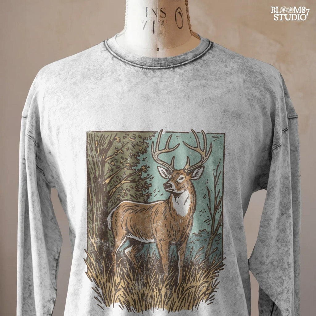 Whitetail buck illustration in tall grass and fall forest, rustic hunting PNG clipart for outdoor crafting.